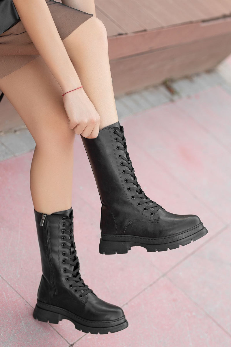 Black Leather Lace Detail Women's Boots - STREETMODE ™