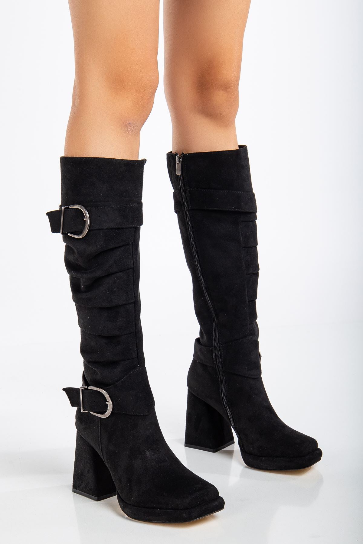 Black Suede Gusseted Blunt Toe Women's High Heel Platform Boots - STREETMODE ™