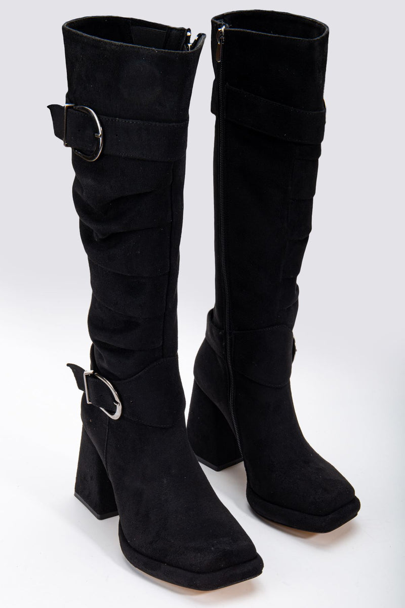 Black Suede Gusseted Blunt Toe Women's High Heel Platform Boots - STREETMODE ™