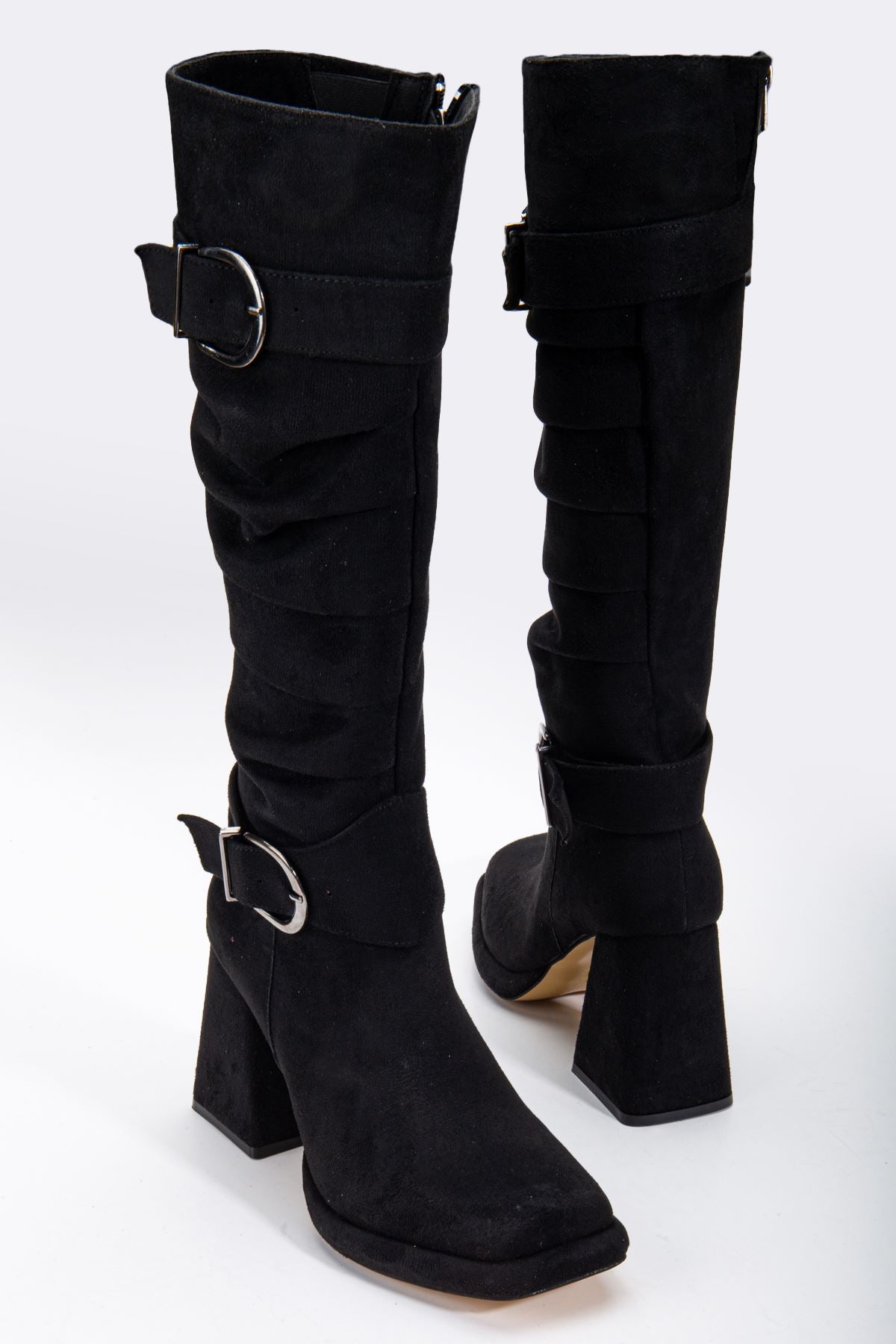 Black Suede Gusseted Blunt Toe Women's High Heel Platform Boots - STREETMODE ™