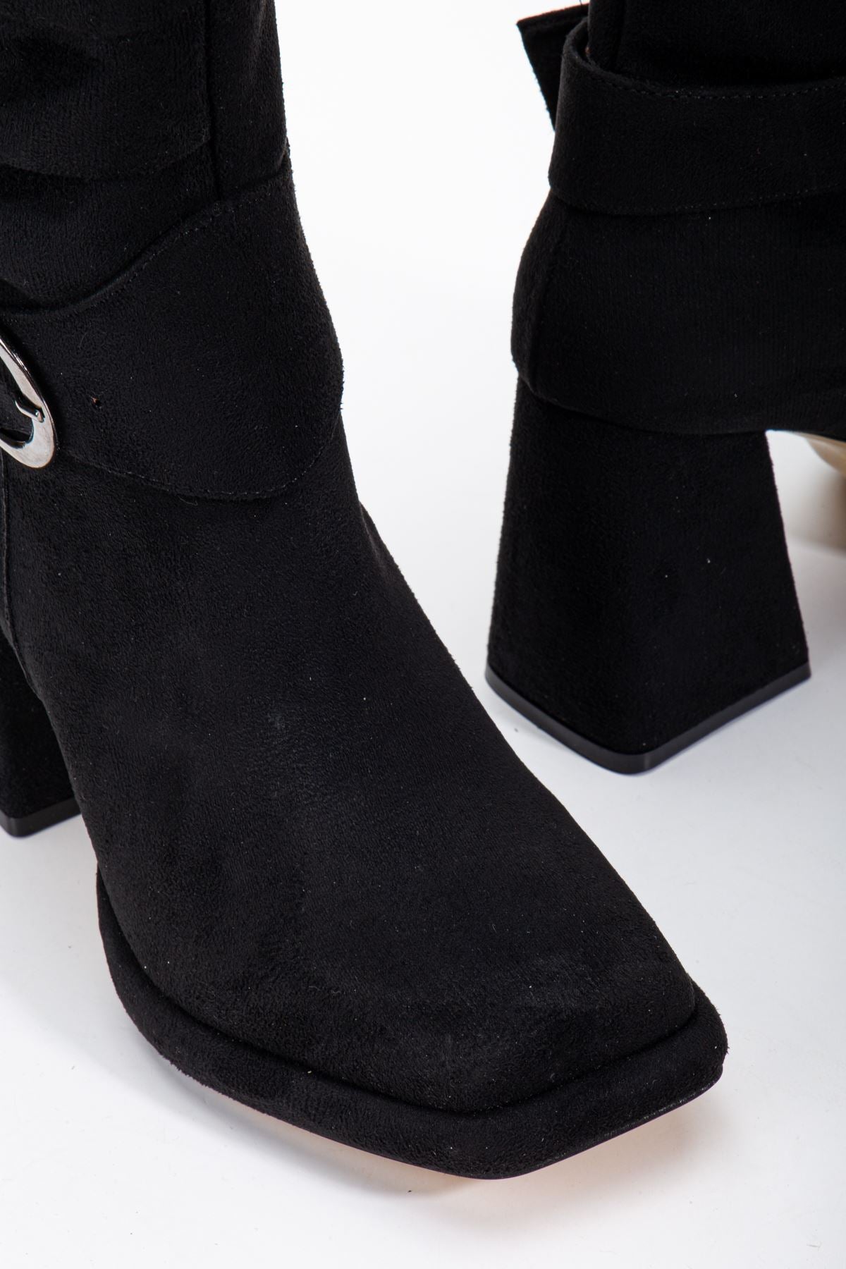 Black Suede Gusseted Blunt Toe Women's High Heel Platform Boots - STREETMODE ™