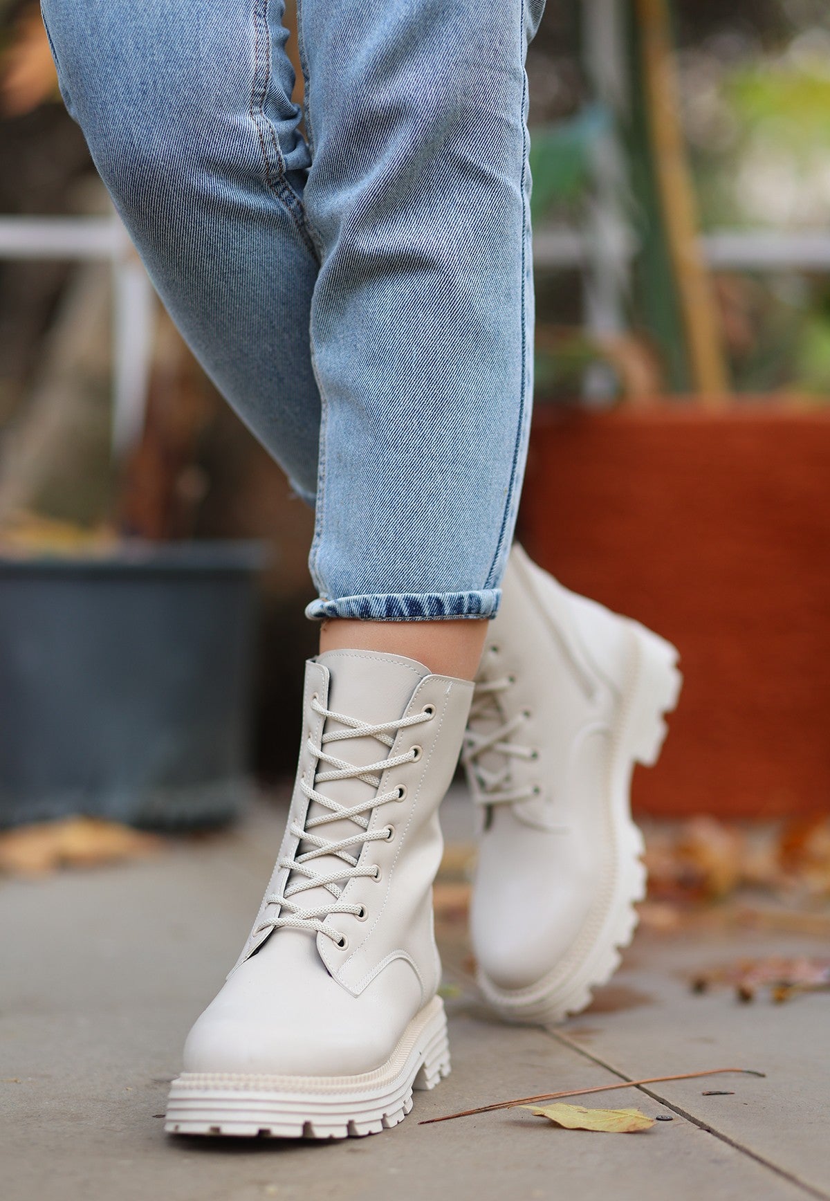Women's Bria Beige Leather Laced Boots - STREETMODE ™
