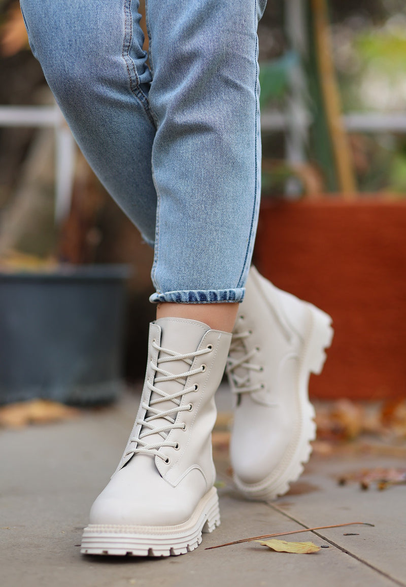 Women's Bria Beige Leather Laced Boots - STREETMODE ™