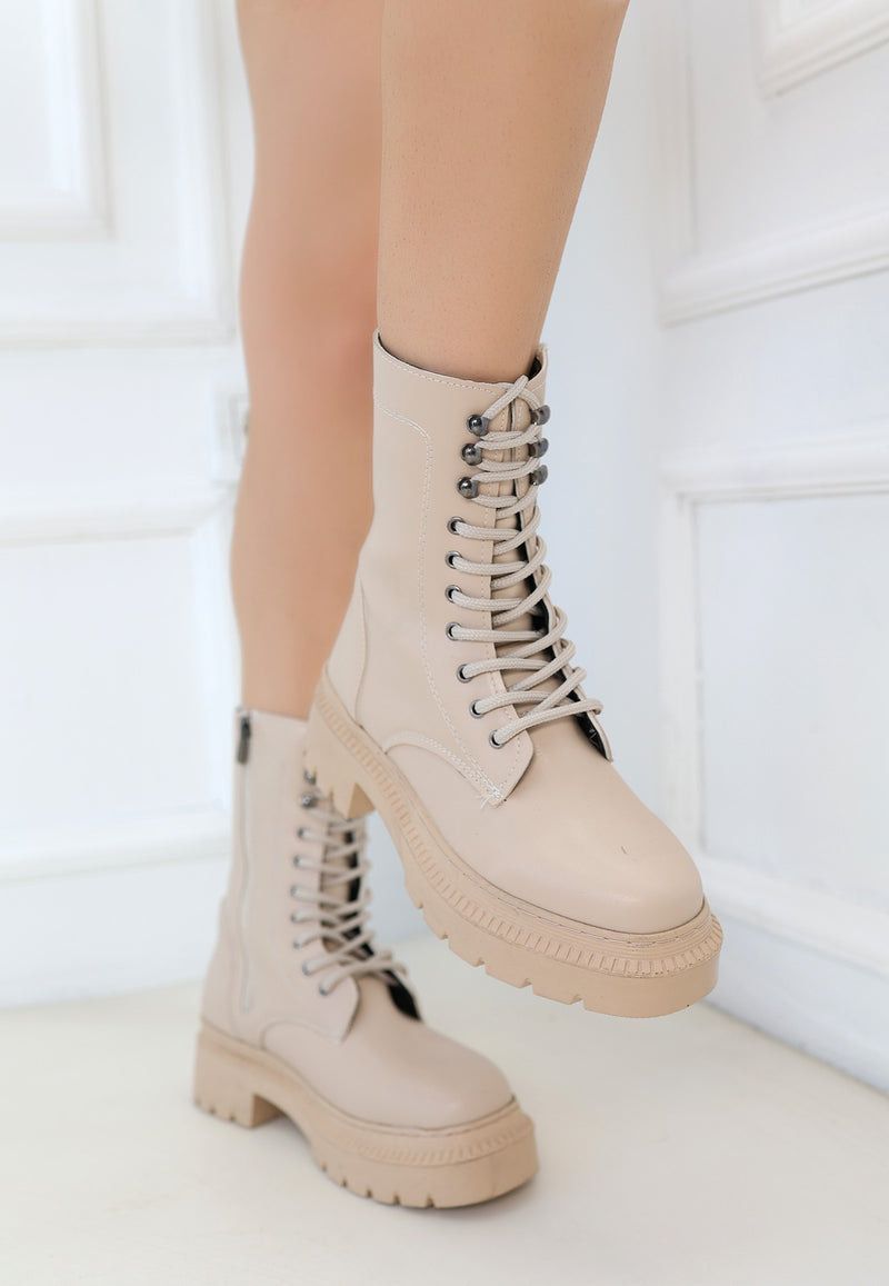 Women's Nude Leather Laced Boots - STREETMODE ™