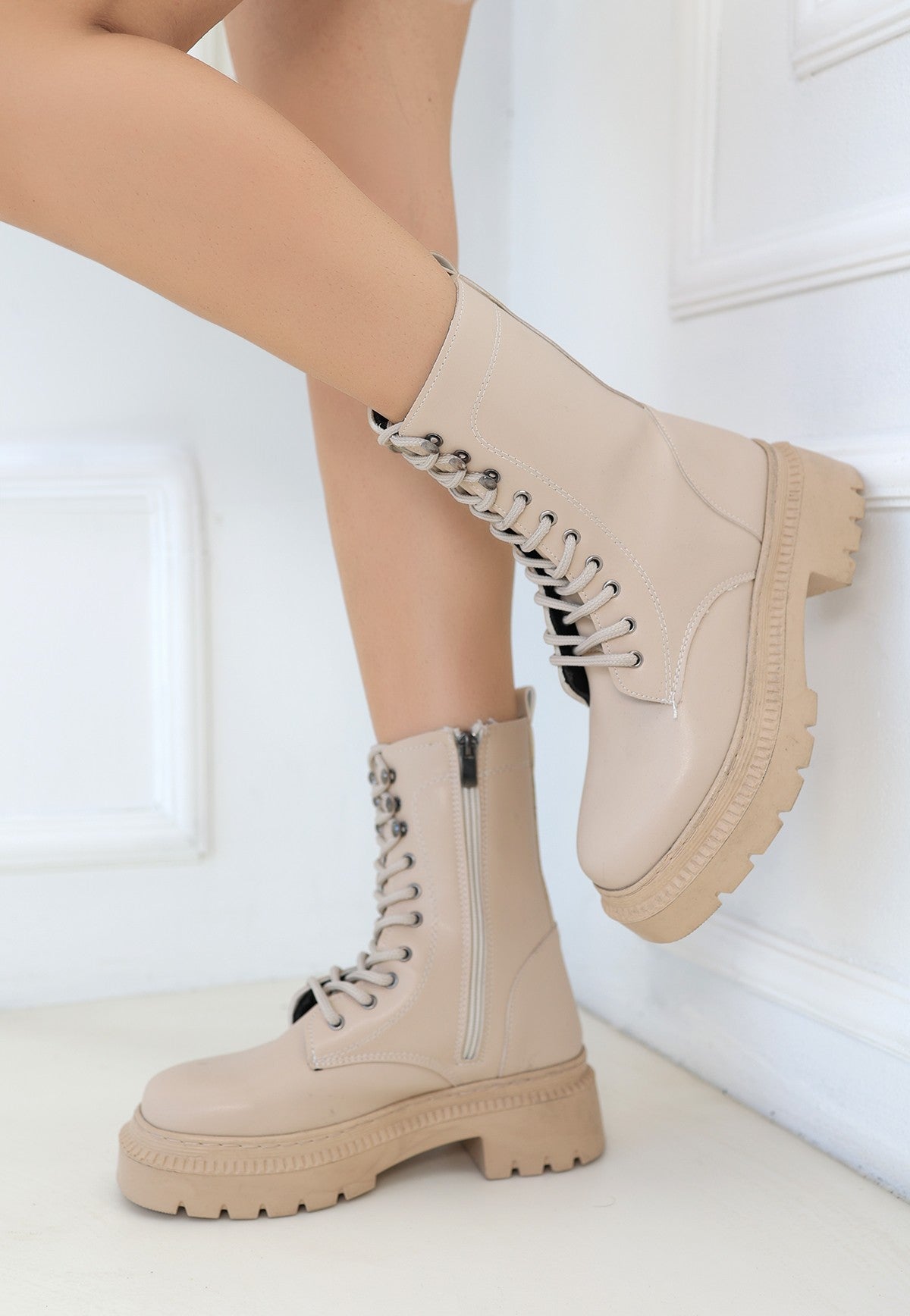 Women's Nude Leather Laced Boots - STREETMODE ™