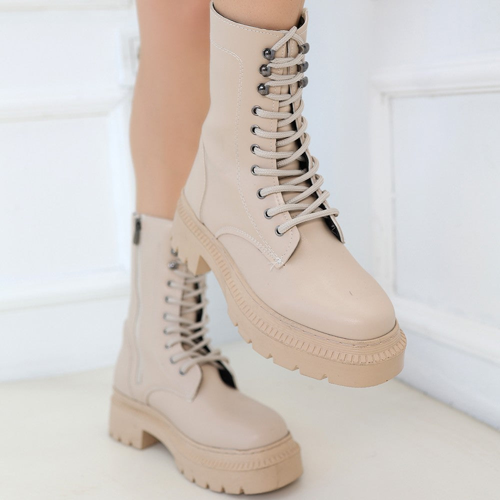 Women's Nude Leather Laced Boots - STREETMODE ™