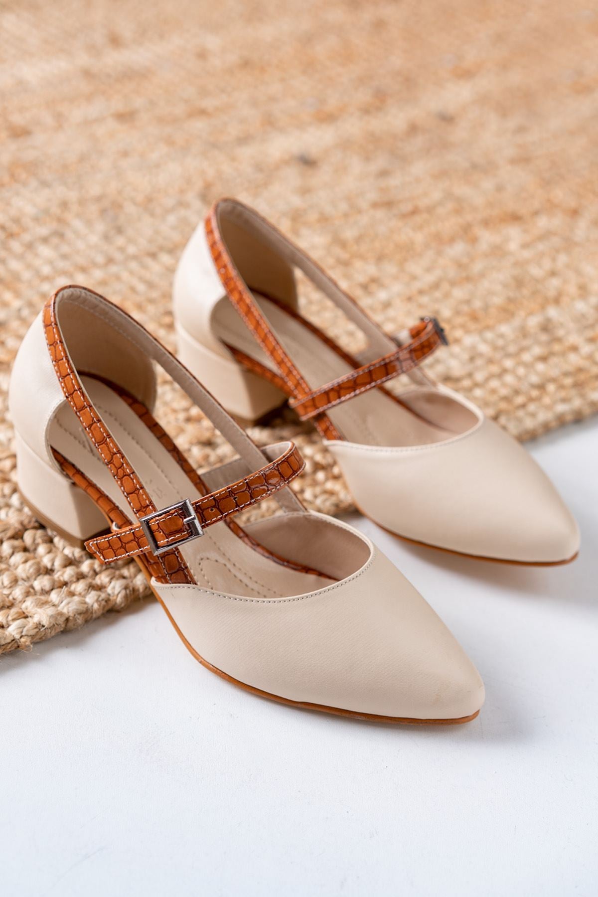Cedric Cream Skin - Brown Crocodile Detailed Low Heel Women's Shoes - STREETMODE ™