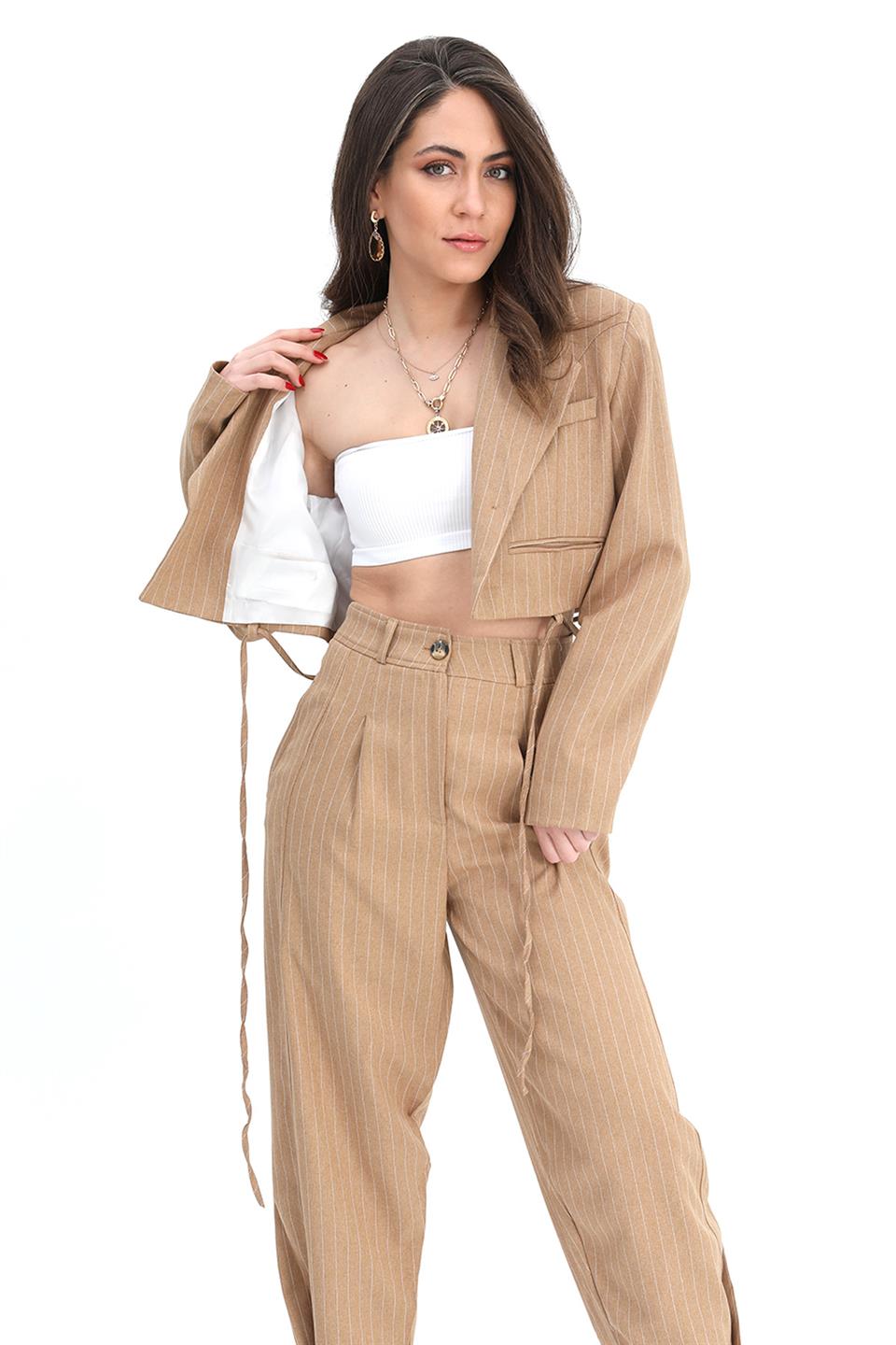 Women's Jacket Short Waistline Fleto Pocket Striped - Camel - STREET MODE ™