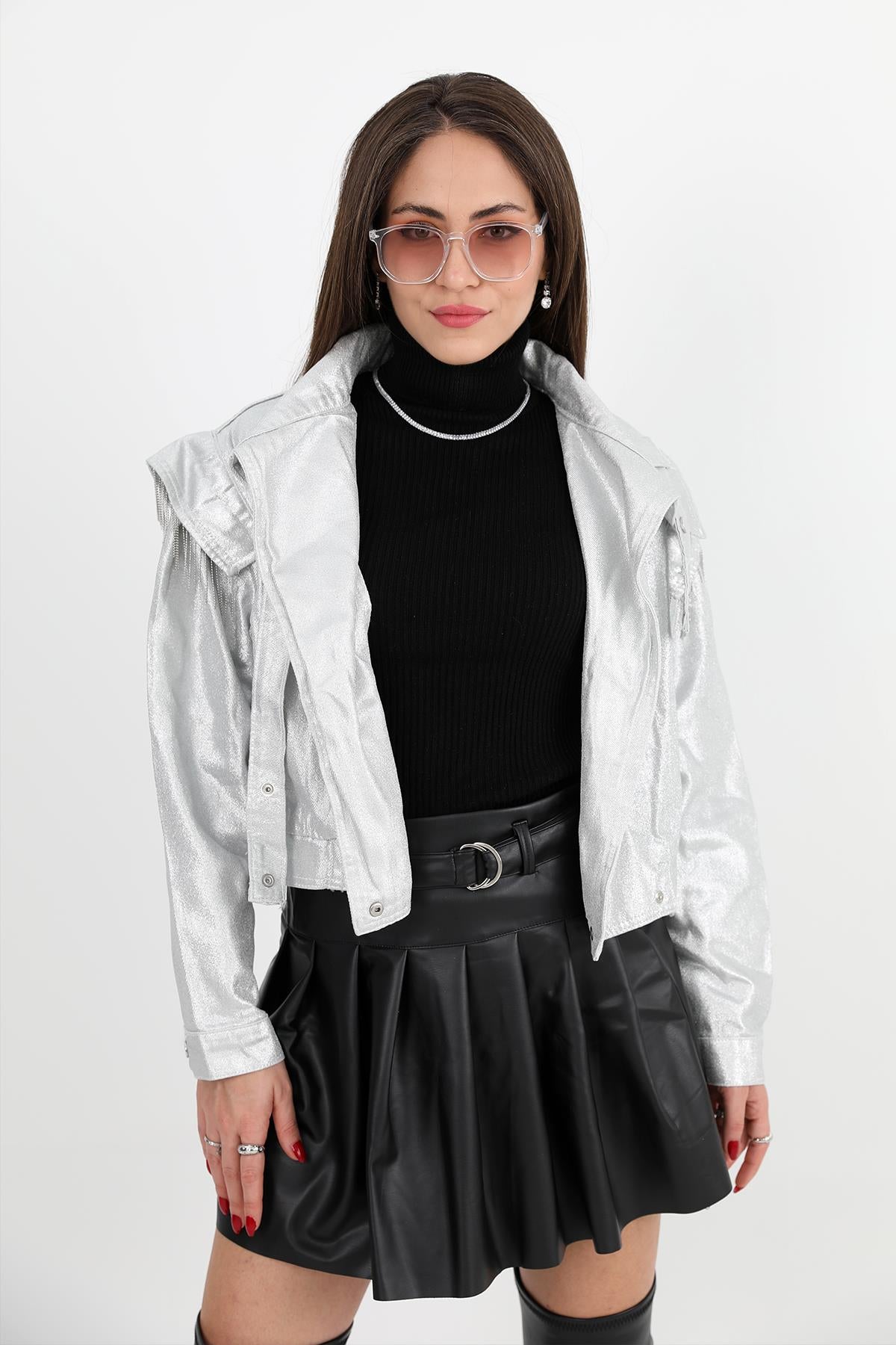 Women's Jacket Shoulders Chain Detailed Short Glitter - Silver - STREETMODE ™