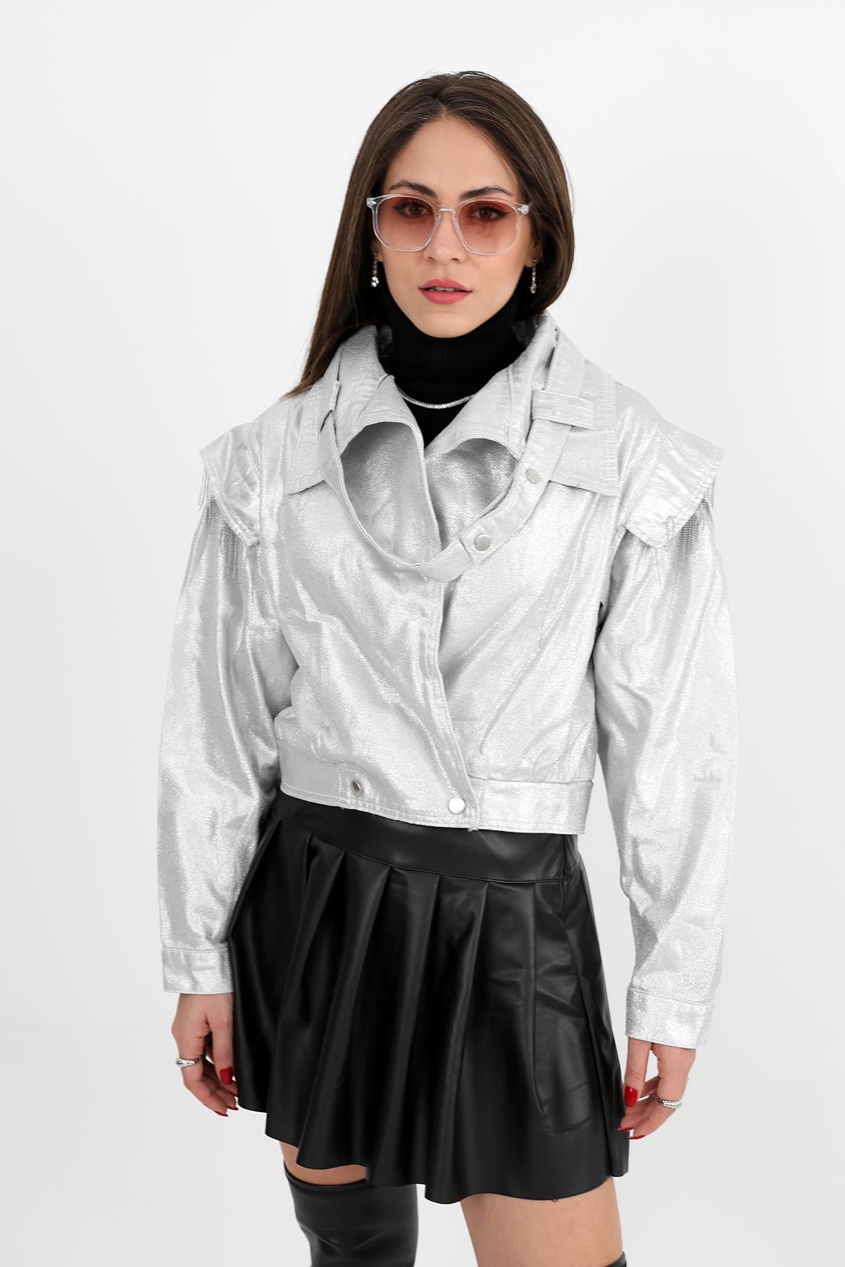 Women's Jacket Shoulders Chain Detailed Short Glitter - Silver - STREETMODE ™
