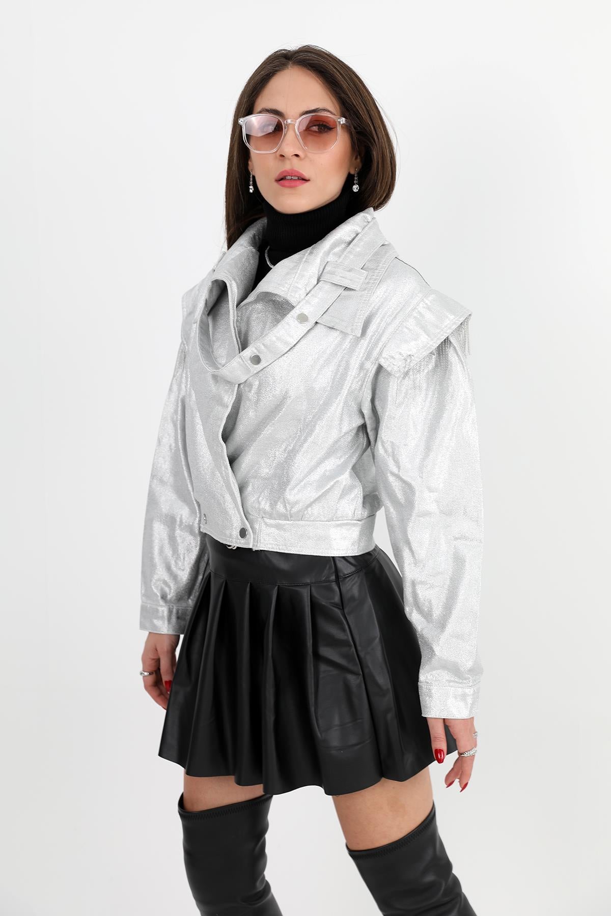 Women's Jacket Shoulders Chain Detailed Short Glitter - Silver - STREETMODE ™