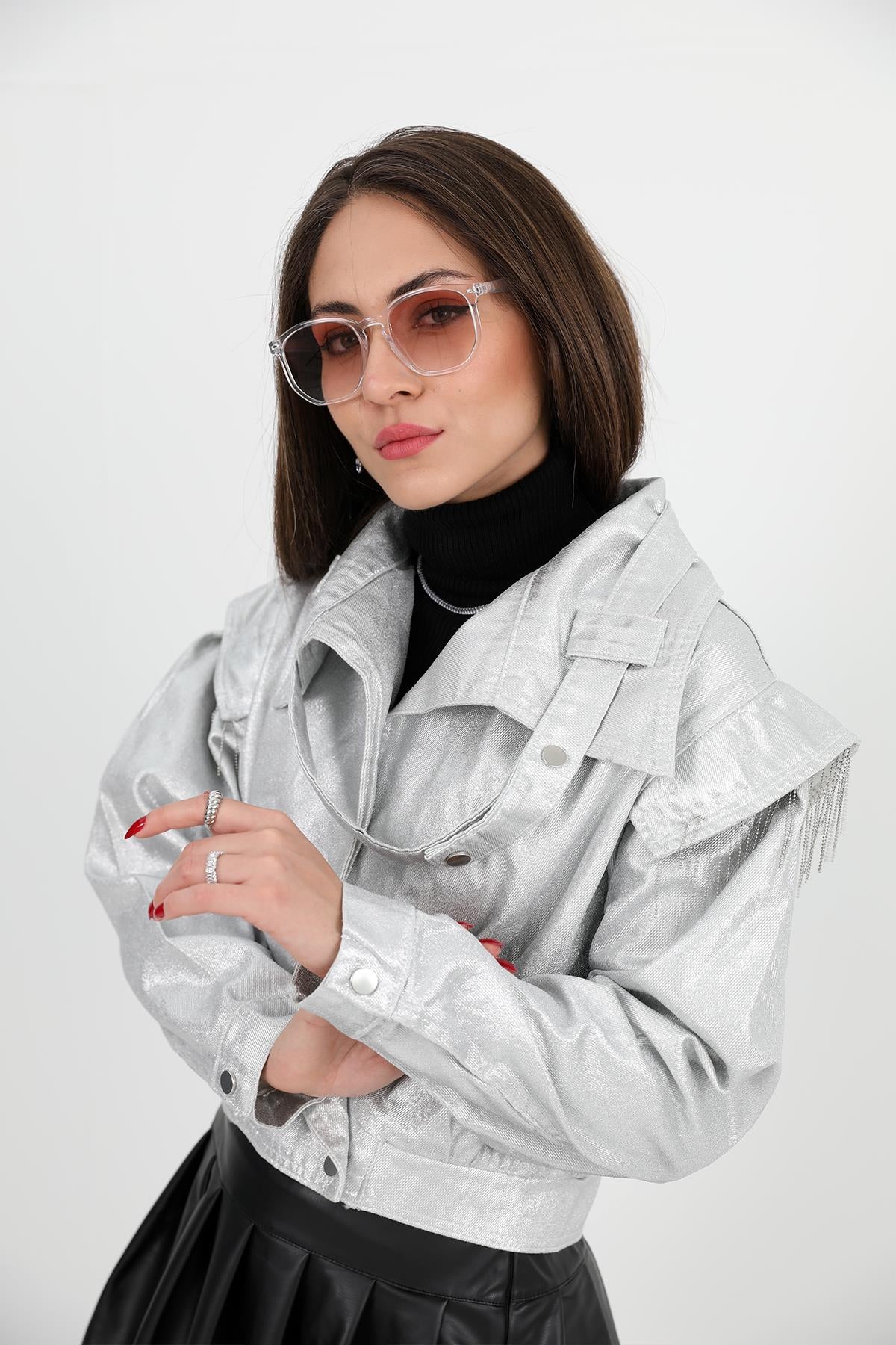Women's Jacket Shoulders Chain Detailed Short Glitter - Silver - STREETMODE ™