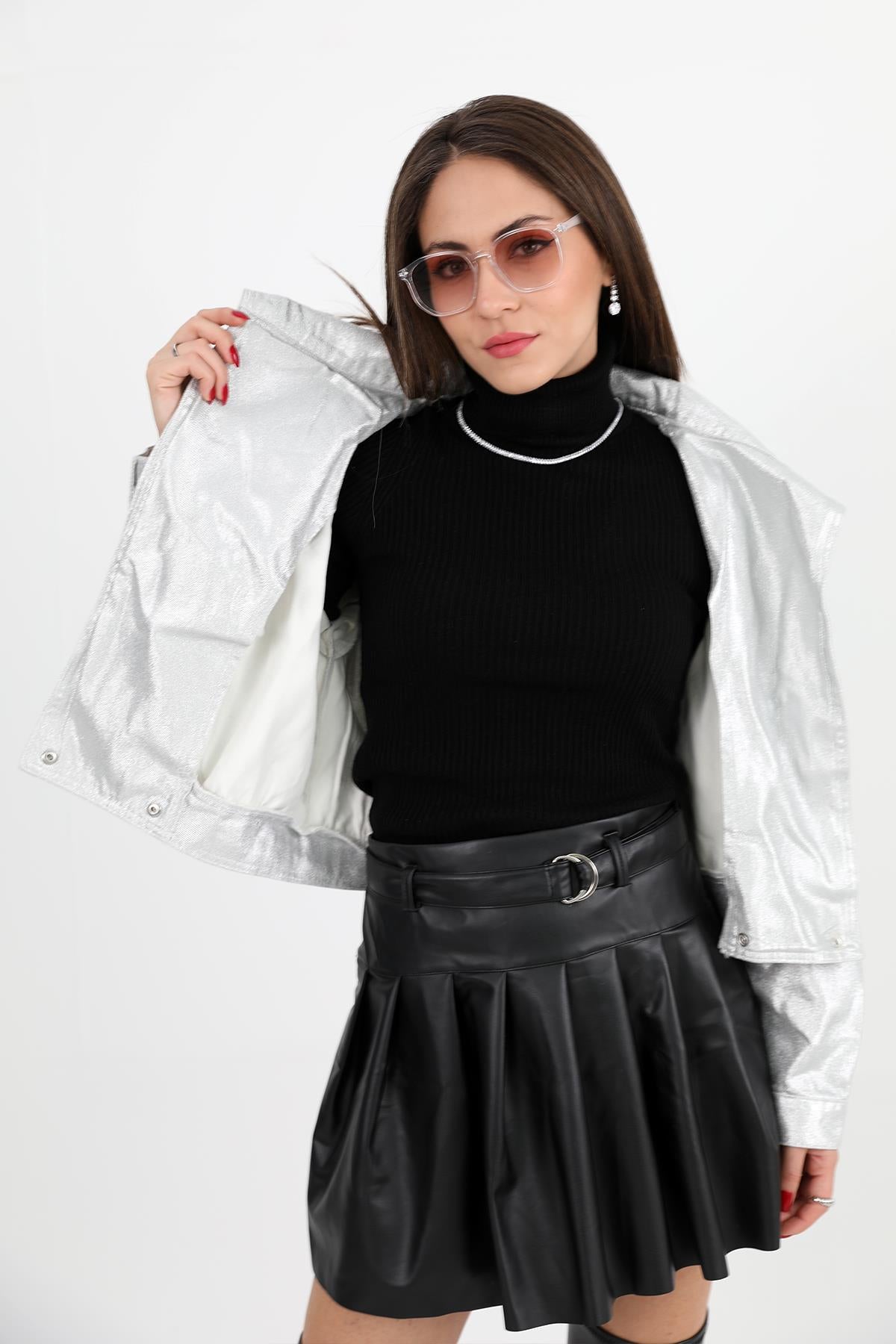 Women's Jacket Shoulders Chain Detailed Short Glitter - Silver - STREETMODE ™