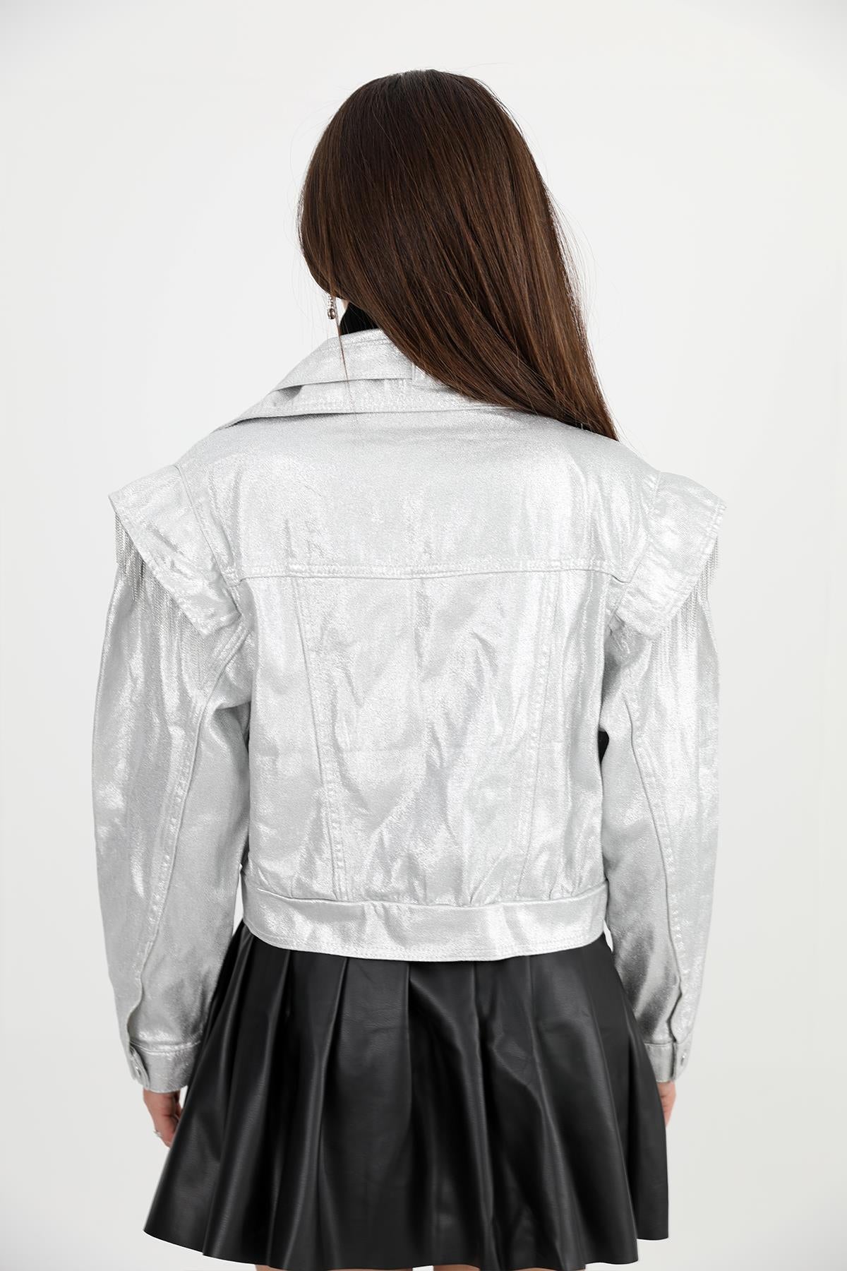 Women's Jacket Shoulders Chain Detailed Short Glitter - Silver - STREETMODE ™