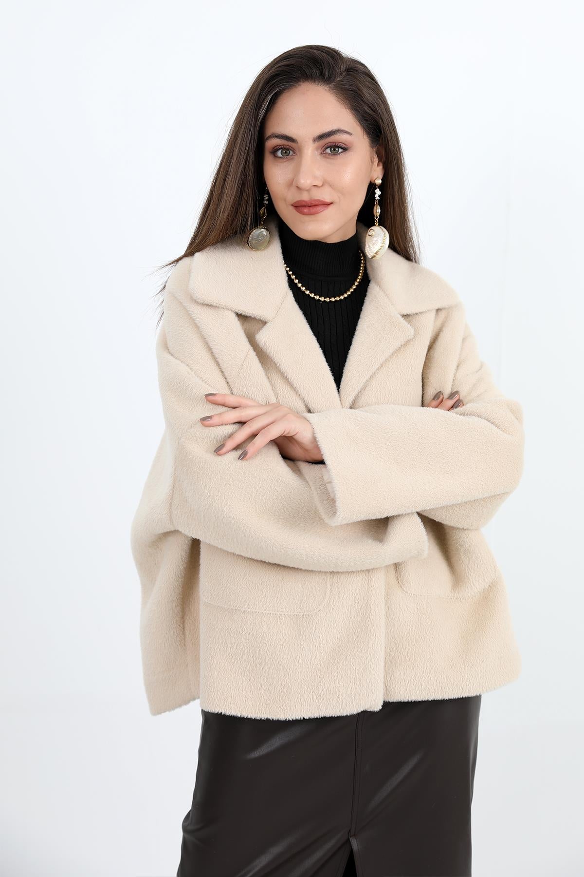 Women's Long Wool Snap Jacket with Pockets - Beige - STREETMODE ™