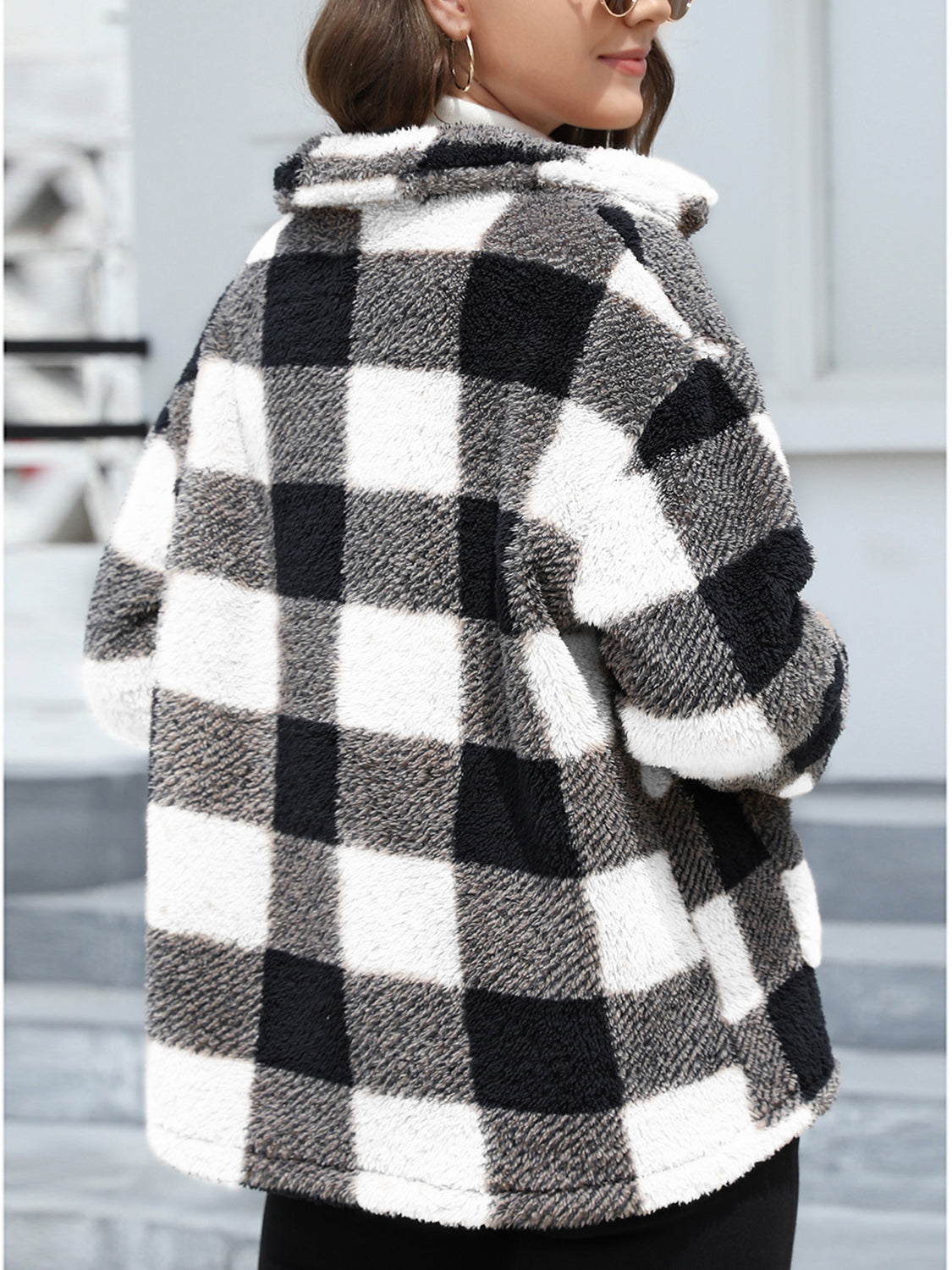 Button Up Drop Shoulder Fuzzy Women Jacket - STREETMODE ™
