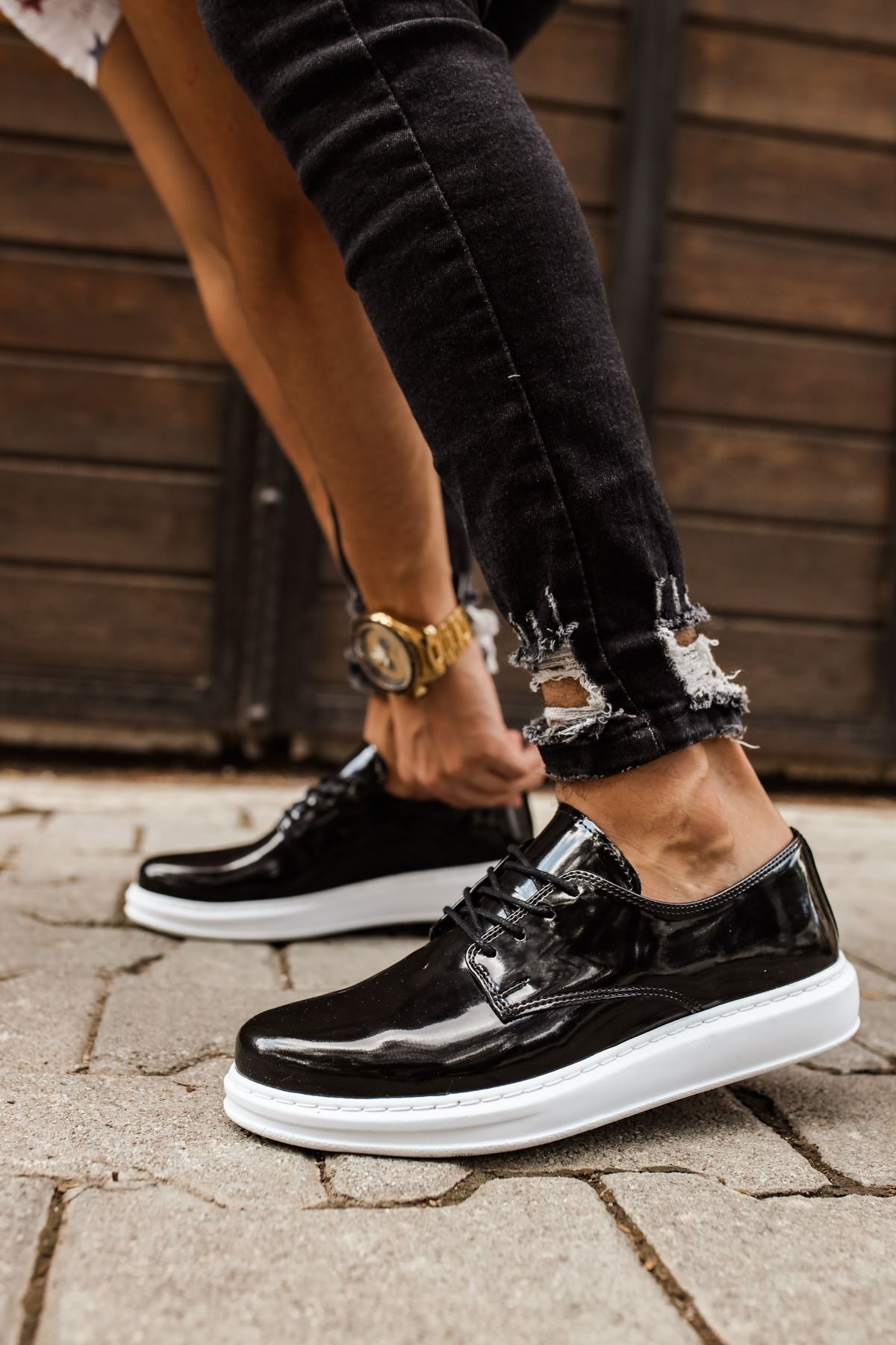 CH003 Men's Black-White Sole Patent Leather Casual Classic Shoes - STREETMODE ™