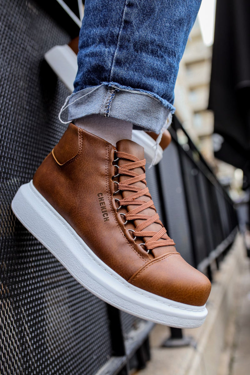 CH258 Men's Brown-White Sole Metal Slug Lace-up High Sole Casual Sneaker Sports Boots - STREETMODE ™