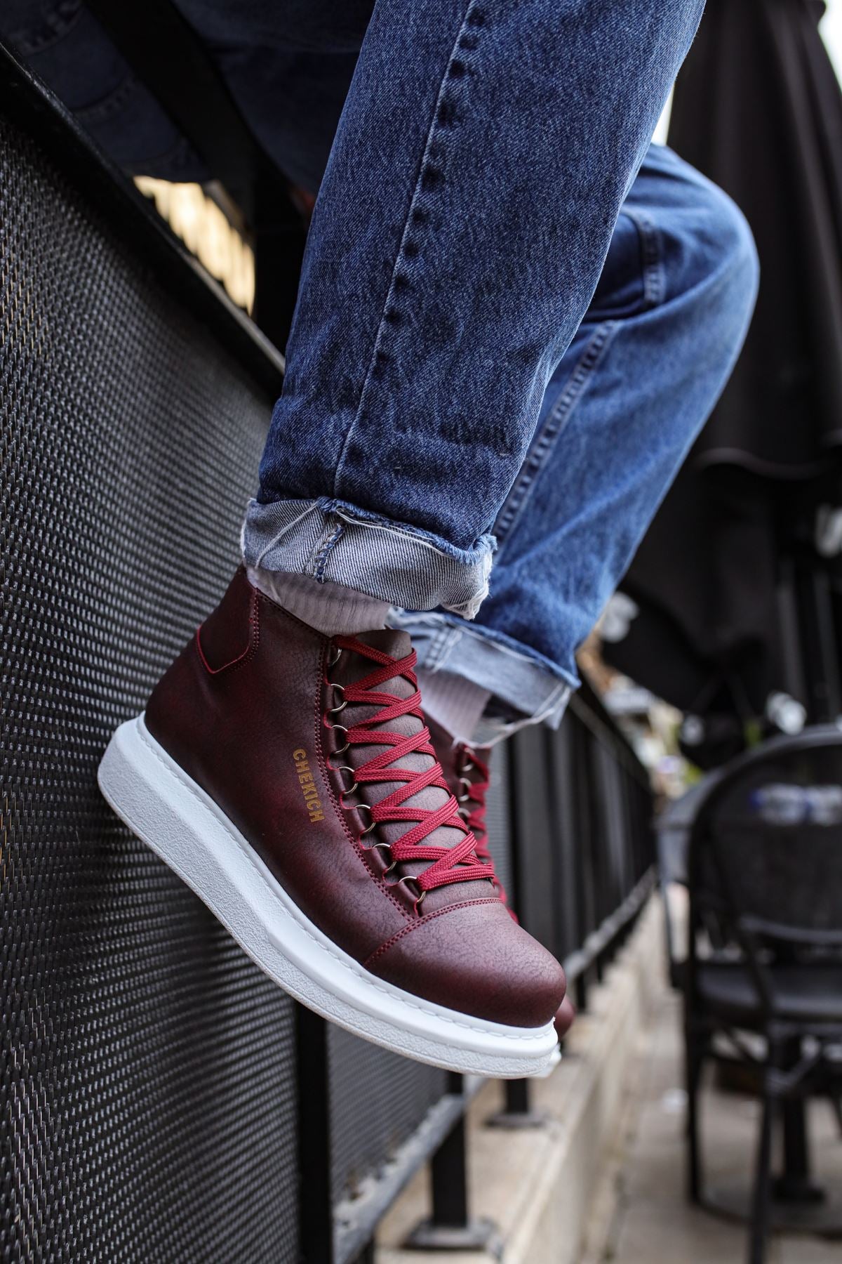 CH258 Men's Burgundy-White Sole Metal Slug Lace-up High Sole Casual Sneaker Sports Boots - STREETMODE ™