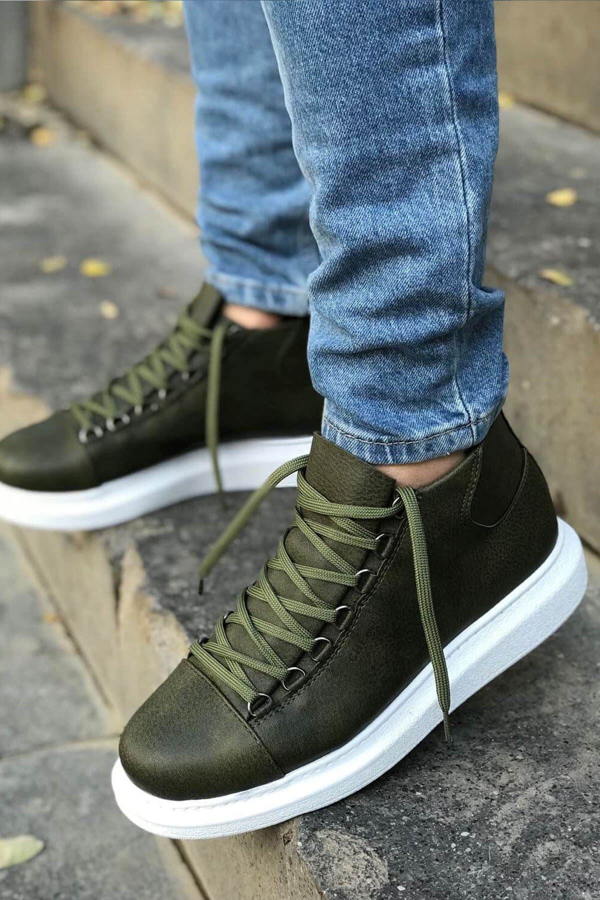 CH258 Men's Khaki-White Sole Metal Slug Lace-up High Sole Casual Sneaker Sports Boots - STREETMODE ™