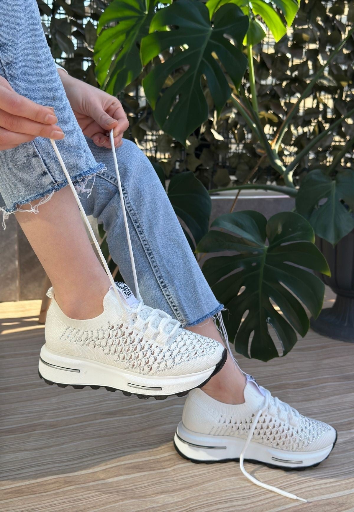 Women's White Knitted Beaded Sneakers - STREETMODE ™