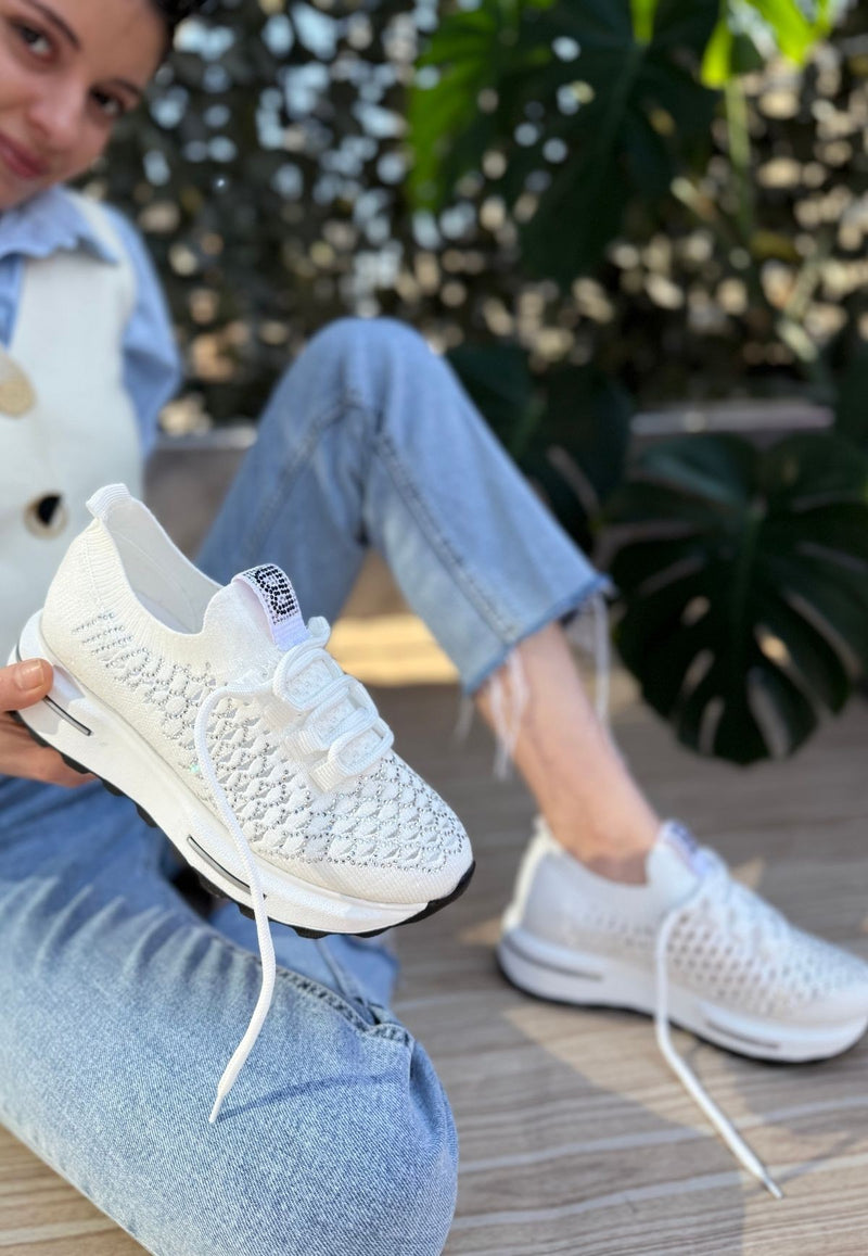 Women's White Knitted Beaded Sneakers - STREETMODE ™