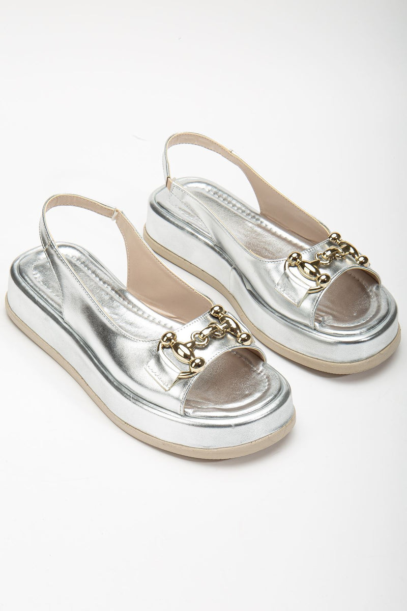 Women's Silver Shiny Skin Buckle Detailed Sandals - STREETMODE ™