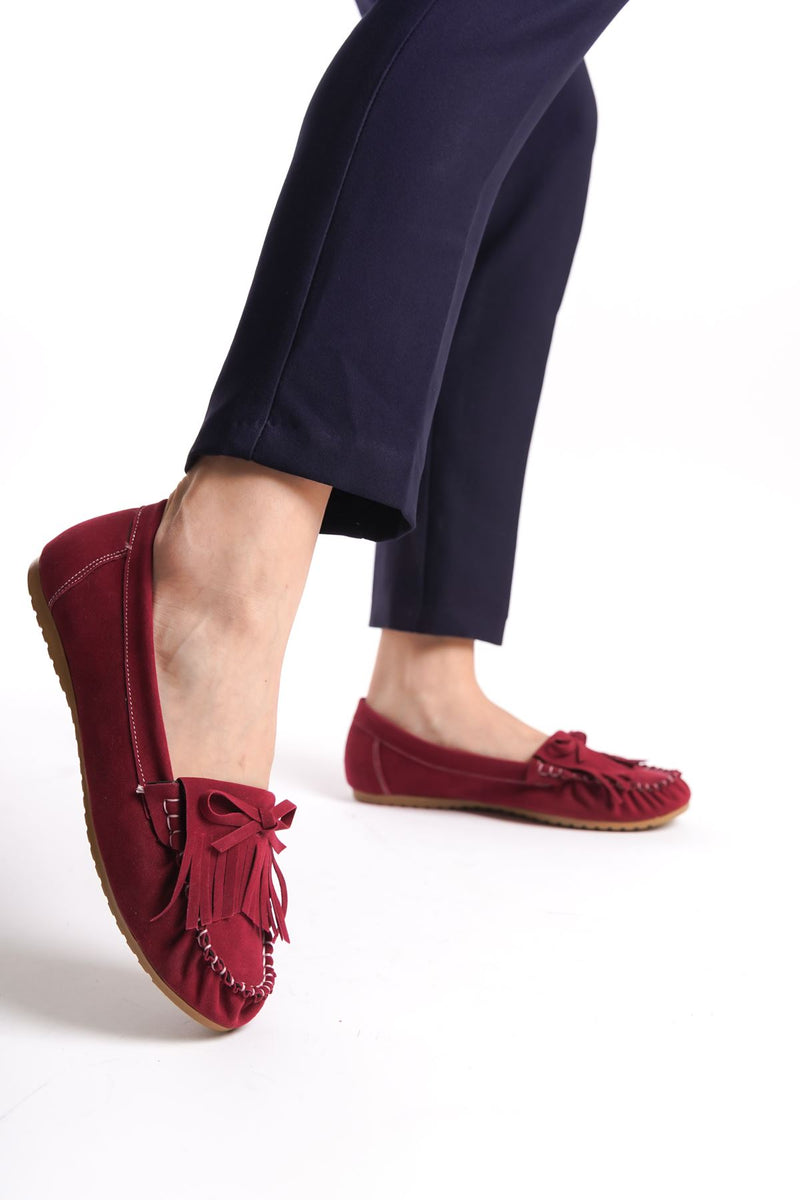 Claret Red Suede Tasseled Casual Women's Ballerinas - STREETMODE ™