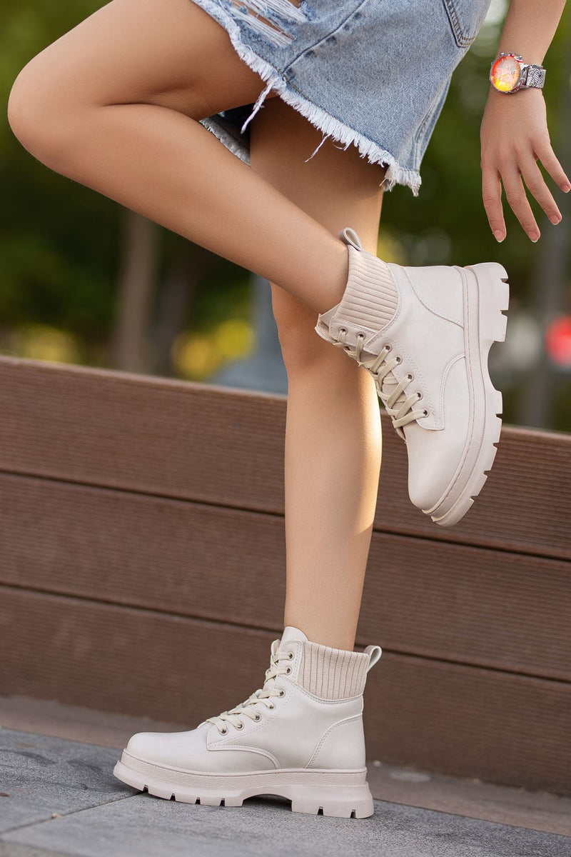 Cream Leather Lace Detail Women's Boots - STREETMODE ™