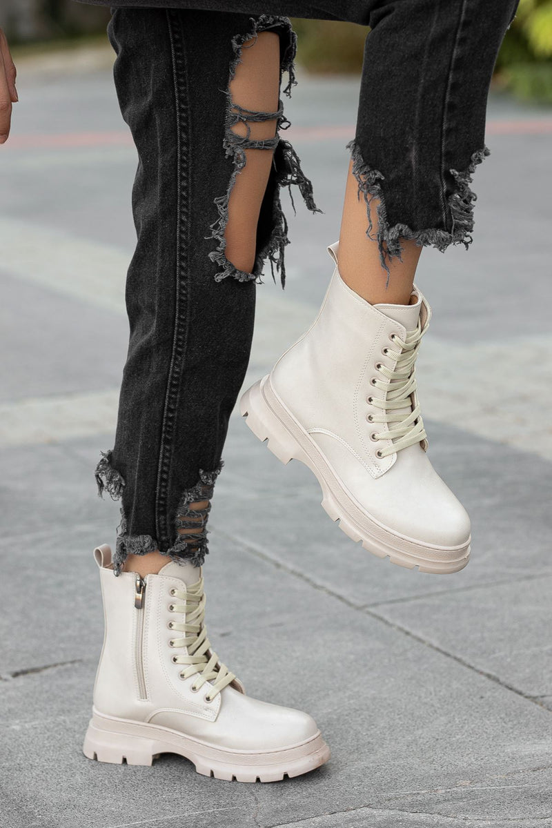 Cream Skin Long Lace Detail Women's Boots - STREETMODE ™