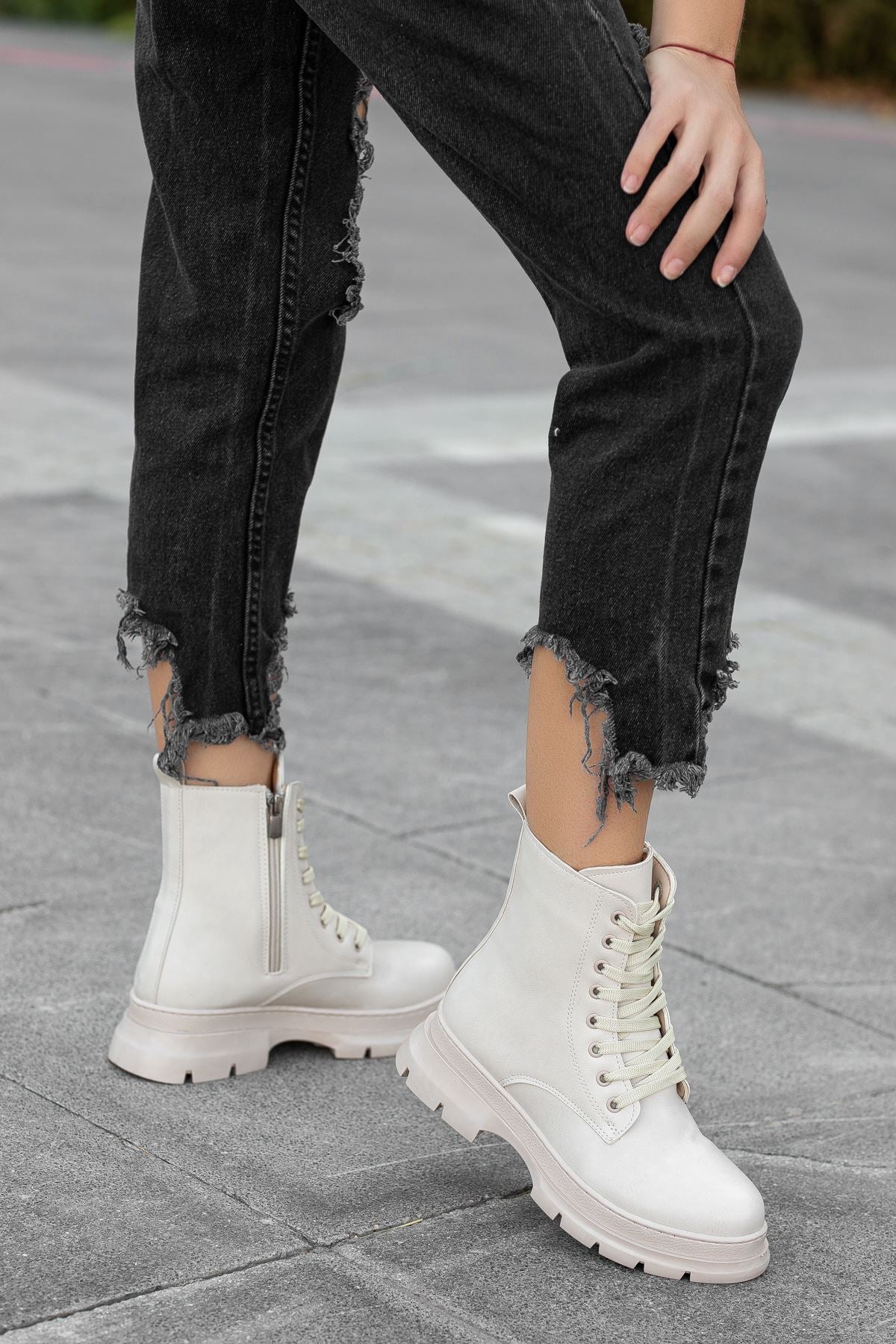 Cream Skin Long Lace Detail Women's Boots - STREETMODE ™