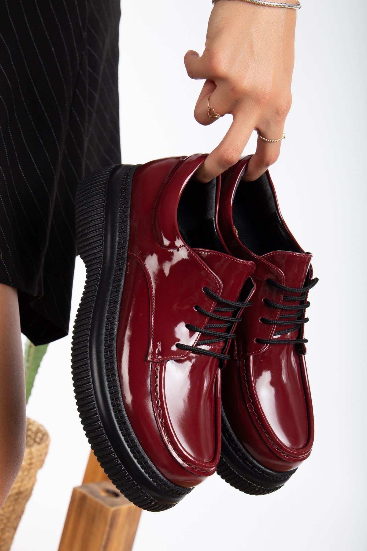 Women's Claret Red Patent Leather Casual Orthopedic Sole Oxford Shoes
