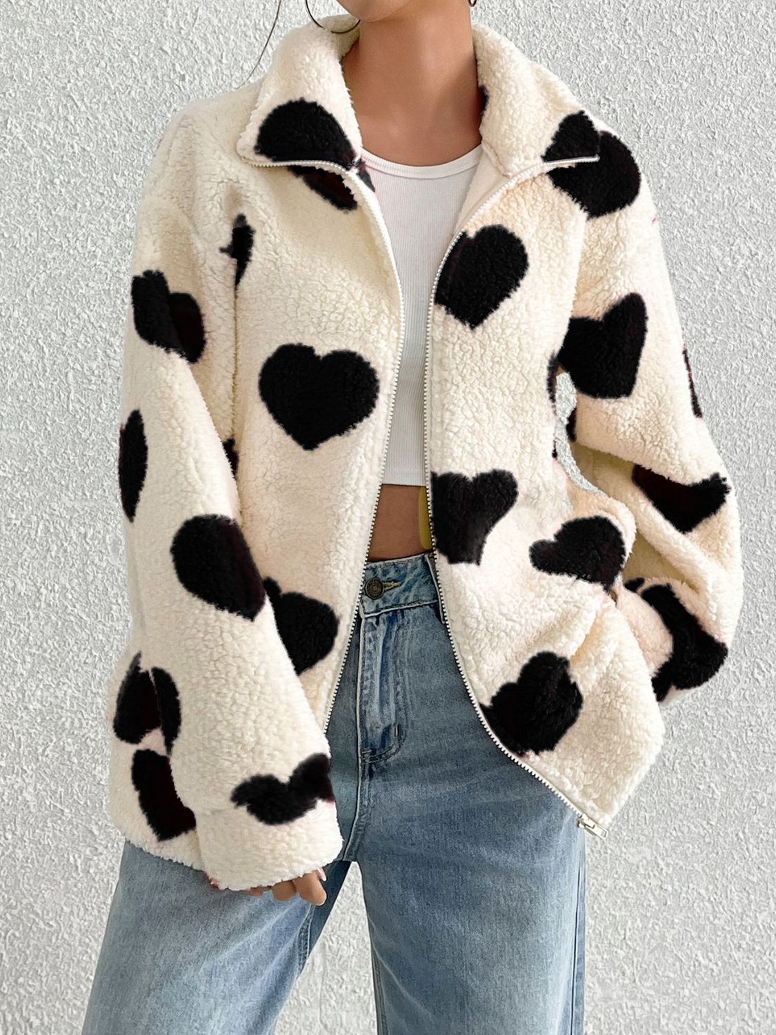 Heart Zip Up Drop Shoulder Furry Women Jacket - STREETMODE ™