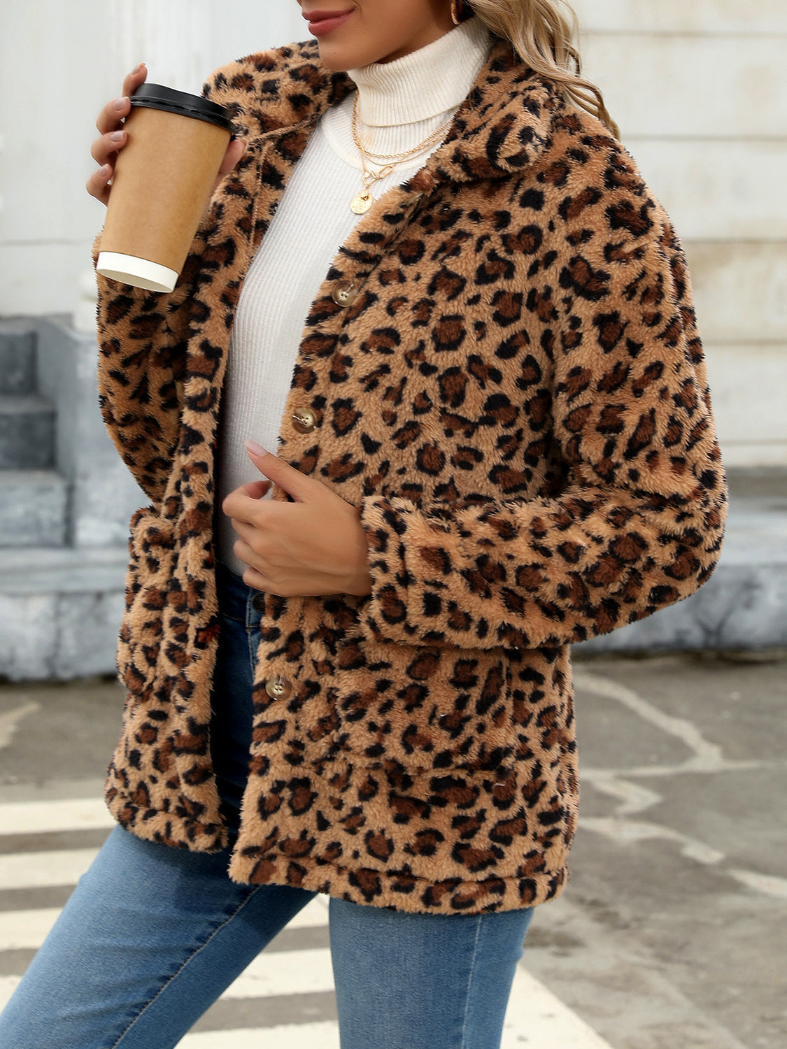 Button Up Drop Shoulder Fuzzy Women Jacket - STREETMODE ™