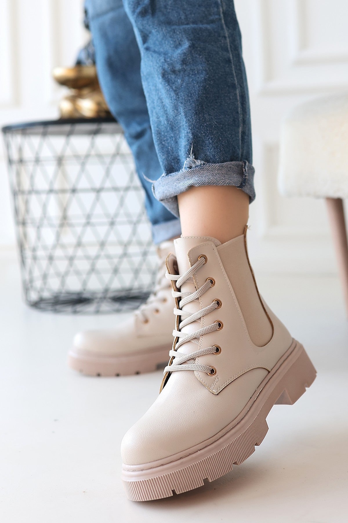 Women's Beige Leather Lace-Up Boots - STREETMODE ™