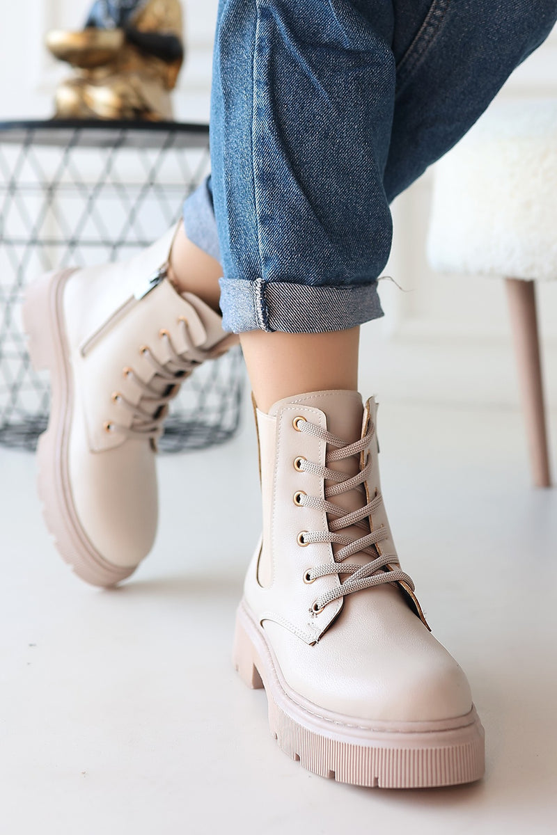 Women's Beige Leather Lace-Up Boots - STREETMODE ™