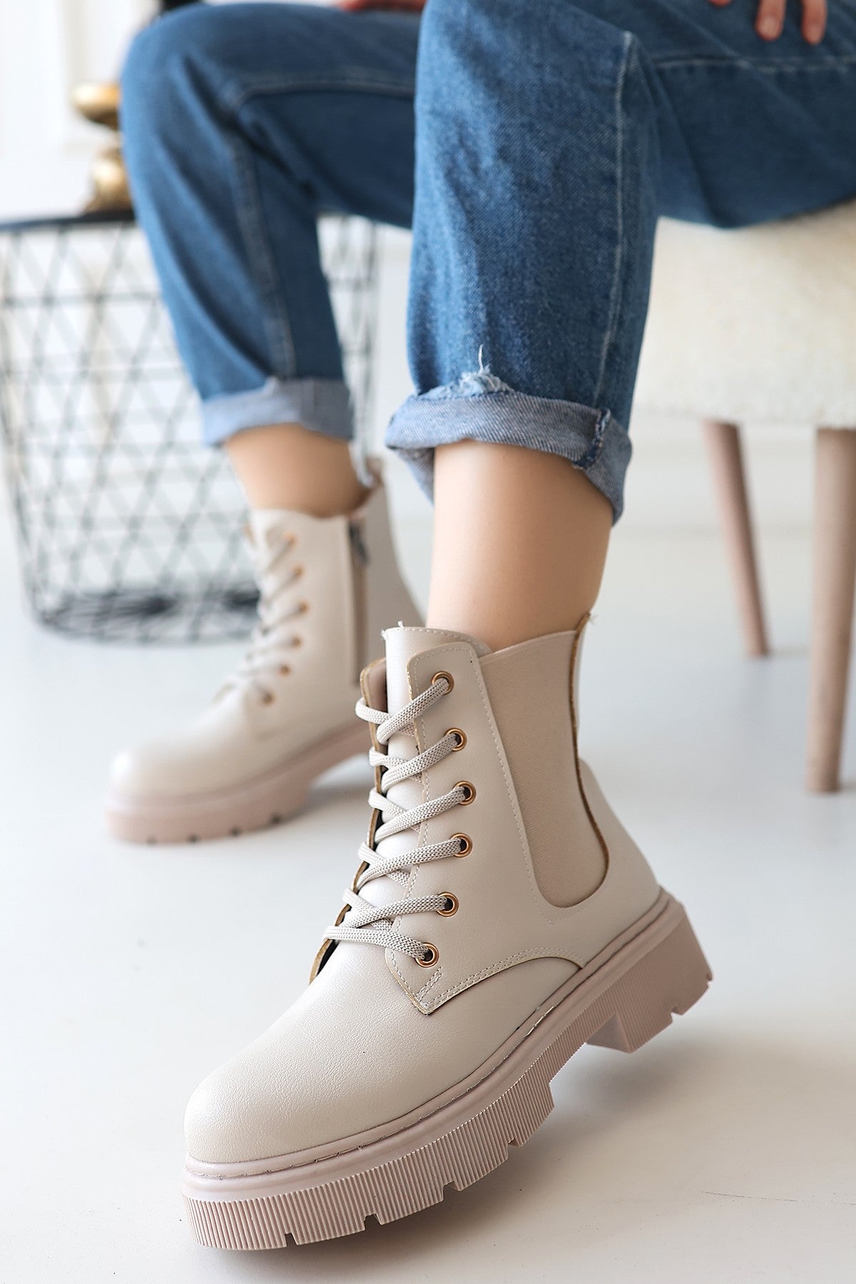 Women's Beige Leather Lace-Up Boots - STREETMODE ™