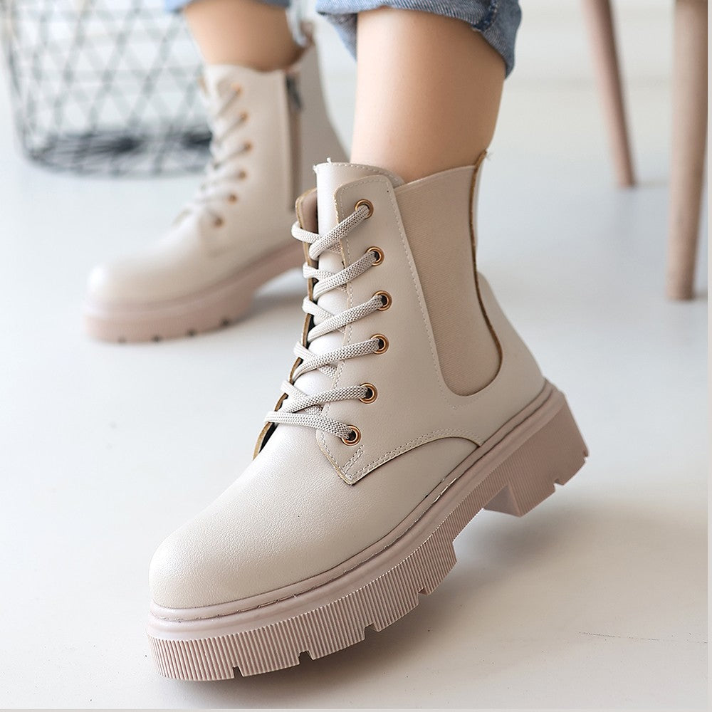 Women's Beige Leather Lace-Up Boots - STREETMODE ™