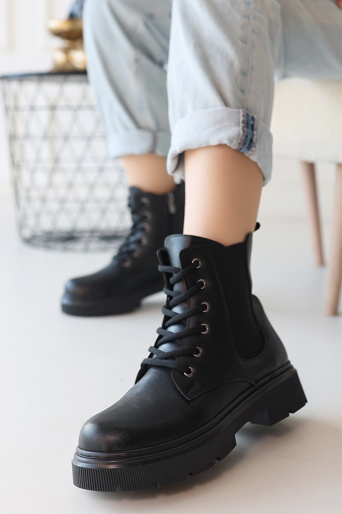 Women's Black Leather Lace-Up Boots - STREETMODE ™