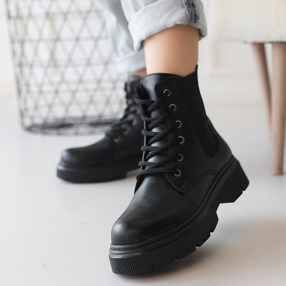 Women's Black Leather Lace-Up Boots - STREETMODE ™