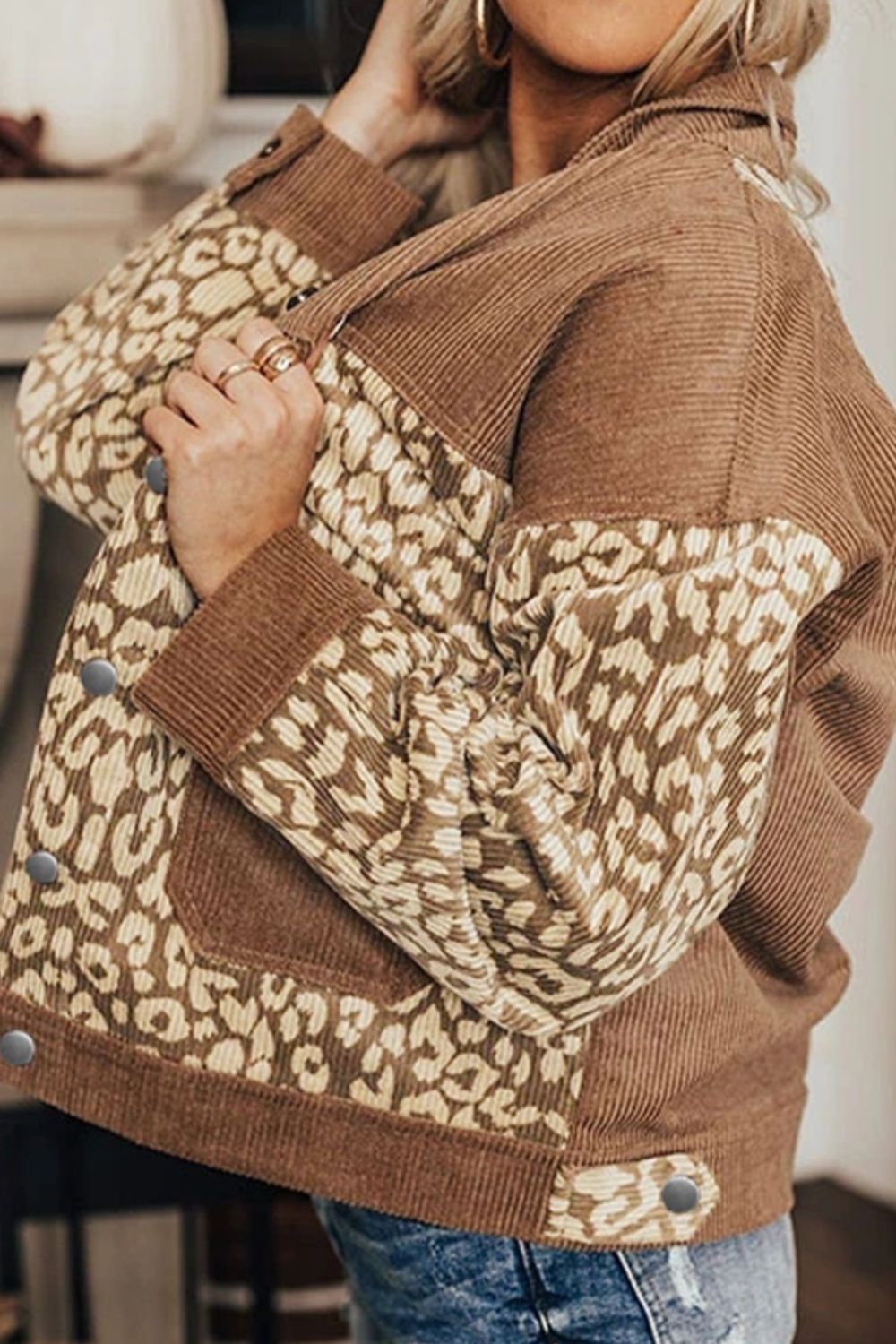 Leopard Button Up Drop Shoulder Women Jacket - STREETMODE ™