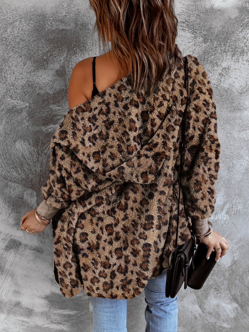 Fuzzy Leopard Long Sleeve Hooded Women Jacket - STREETMODE ™