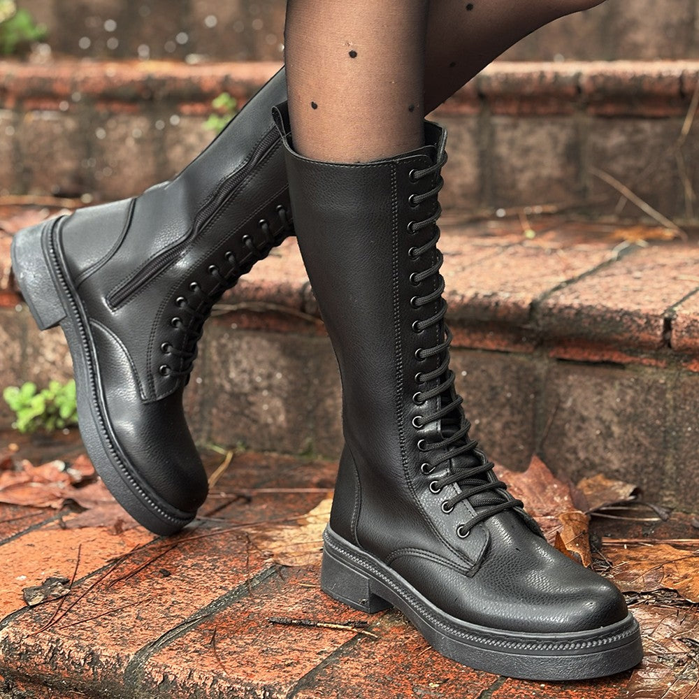 Women's Black Leather Lace-Up Boots - STREETMODE ™