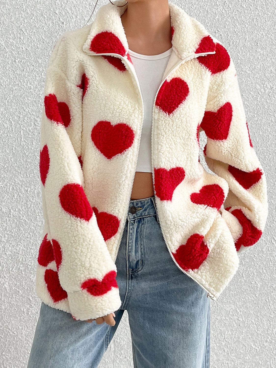 Heart Zip Up Drop Shoulder Furry Women Jacket - STREETMODE ™