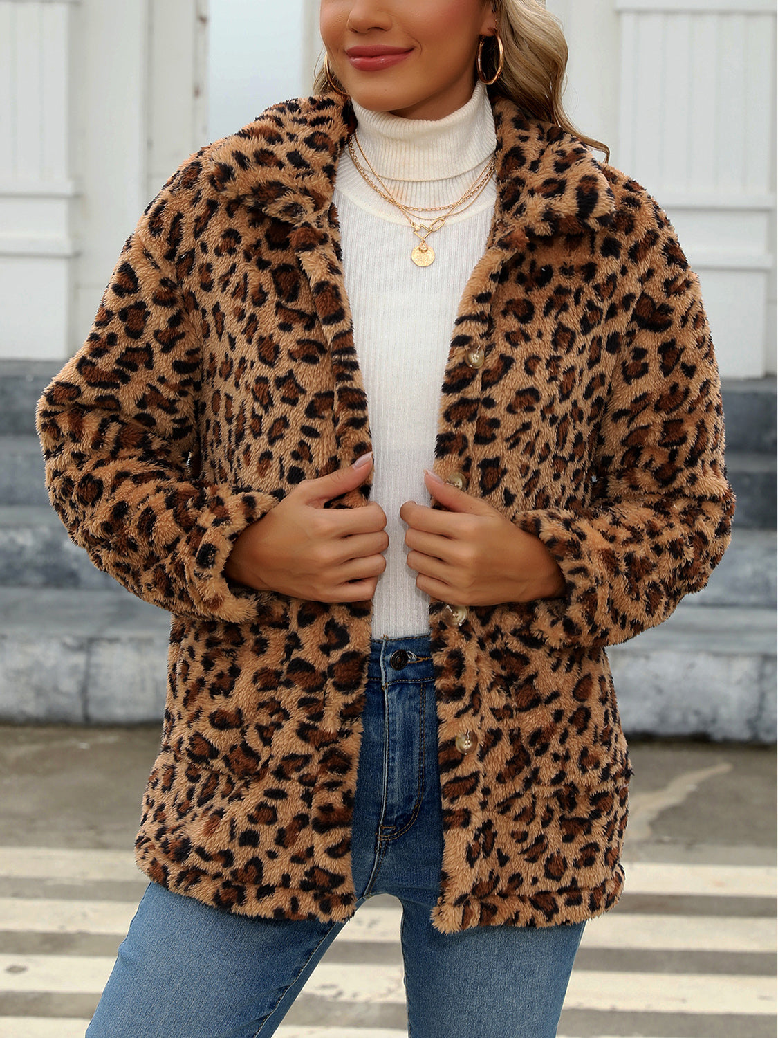 Button Up Drop Shoulder Fuzzy Women Jacket - STREETMODE ™