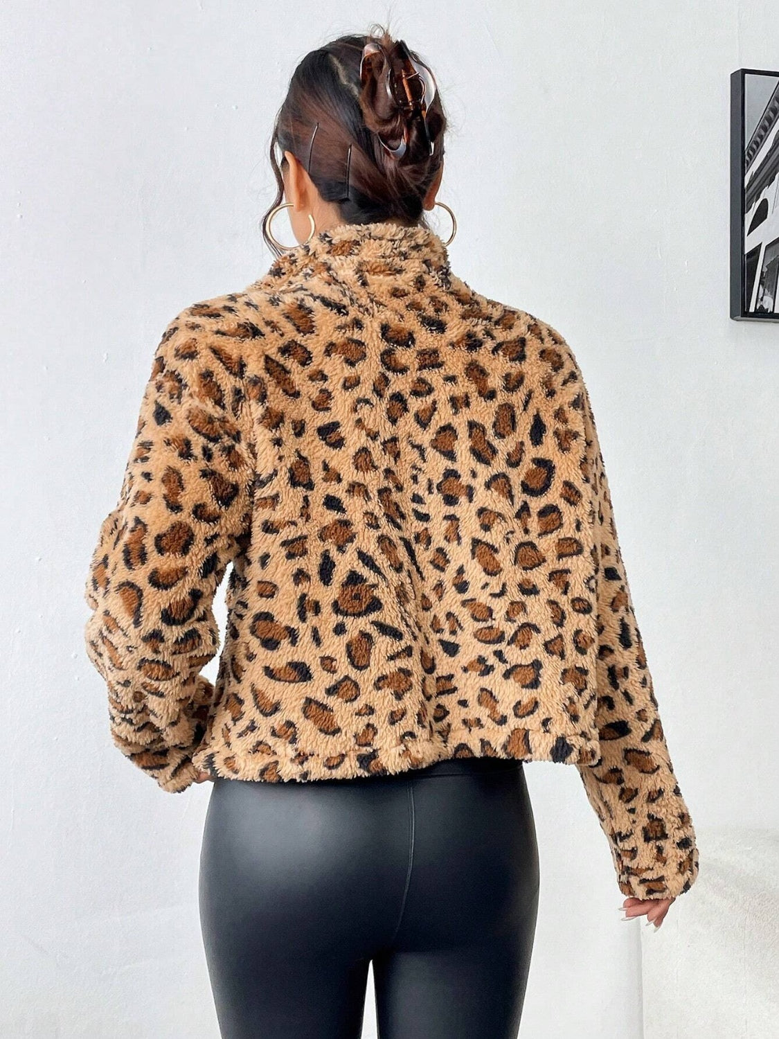 Fuzzy Turtleneck Leopard Zip Up Women Jacket - STREETMODE ™