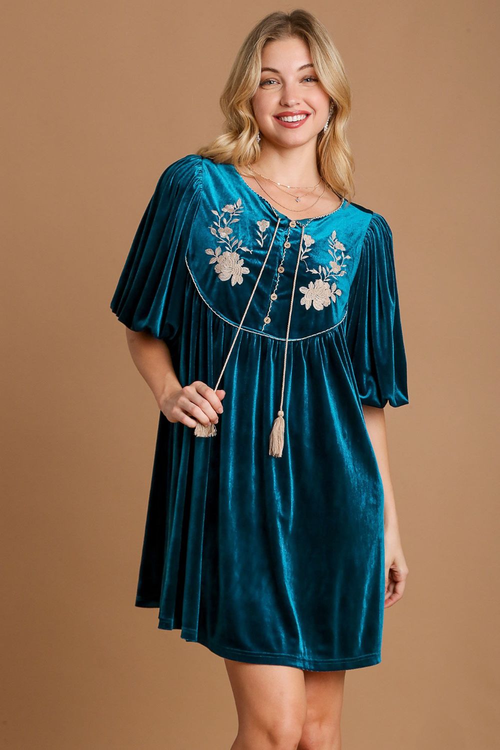 Umgee Embroidered Half Sleeve Velvet Mini Dress with Tassel - STREETMODE ™