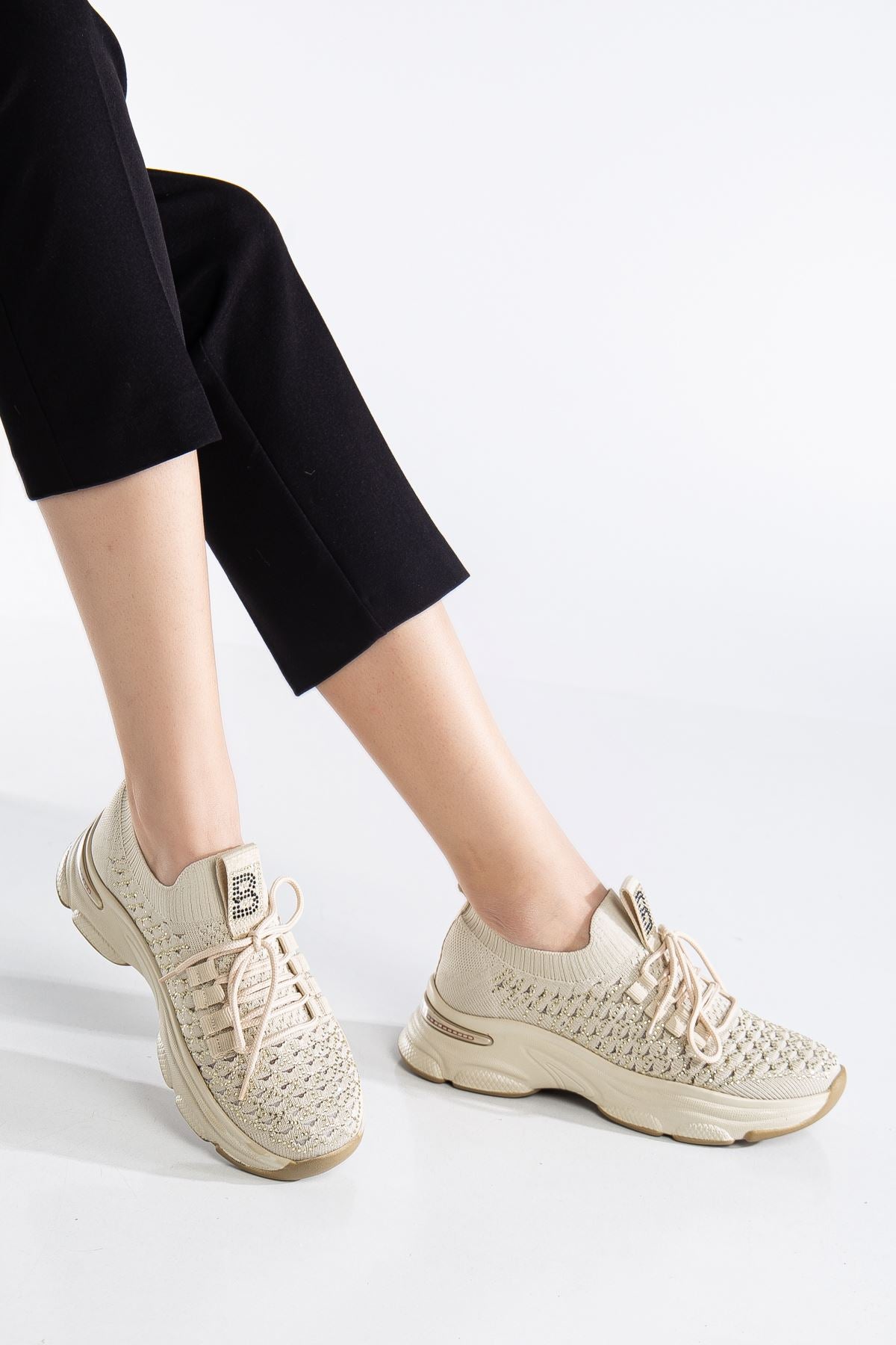 Women's Beige Knit Lace-Up High Heel Comfortable Sneaker - STREETMODE ™