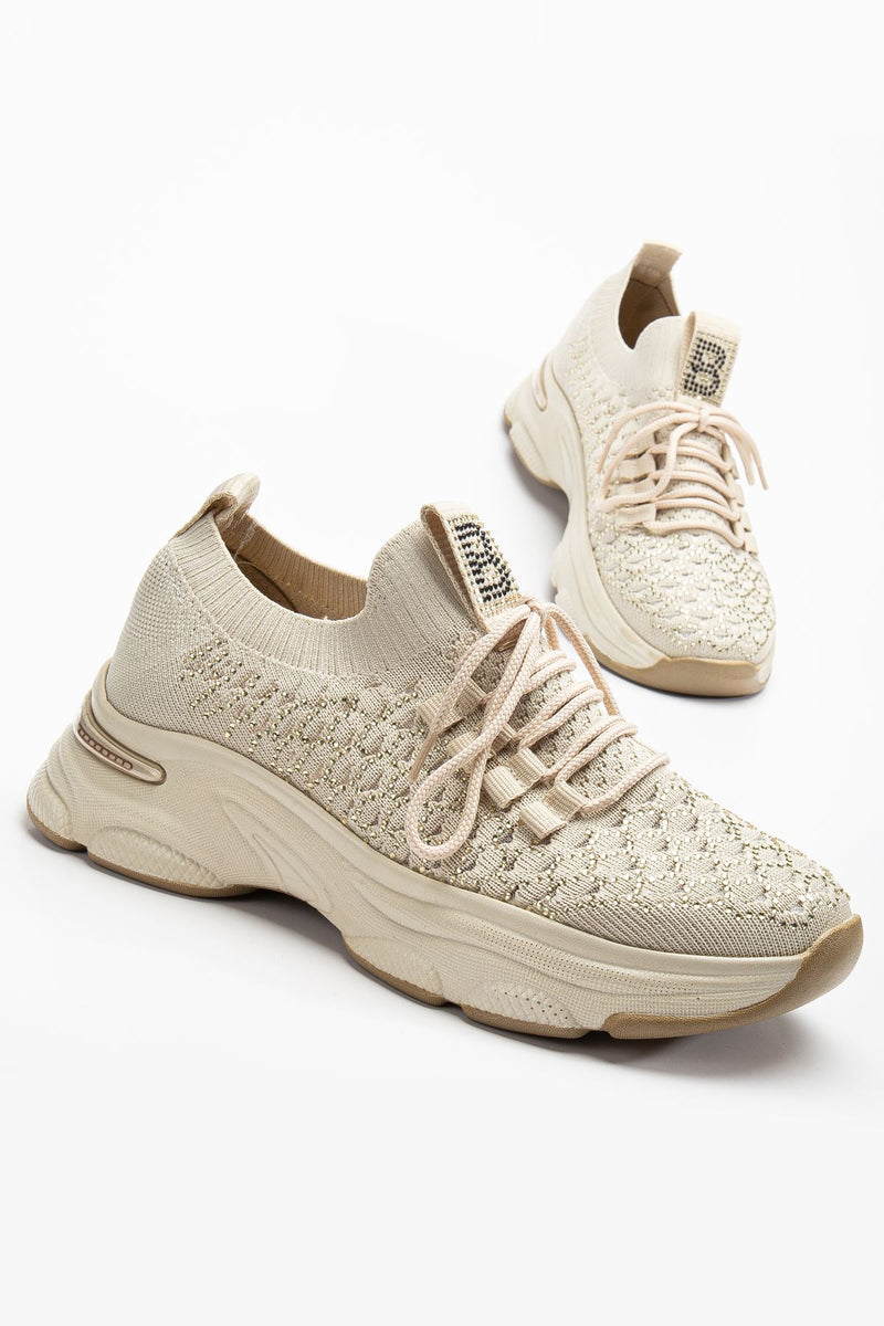 Women's Beige Knit Lace-Up High Heel Comfortable Sneaker - STREETMODE ™