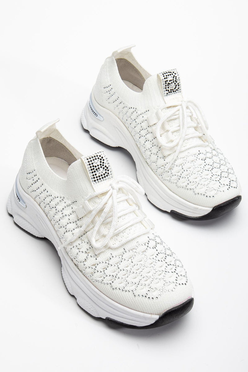 Women's White Knit Lace-Up High Heel Comfortable Sneaker - STREETMODE ™